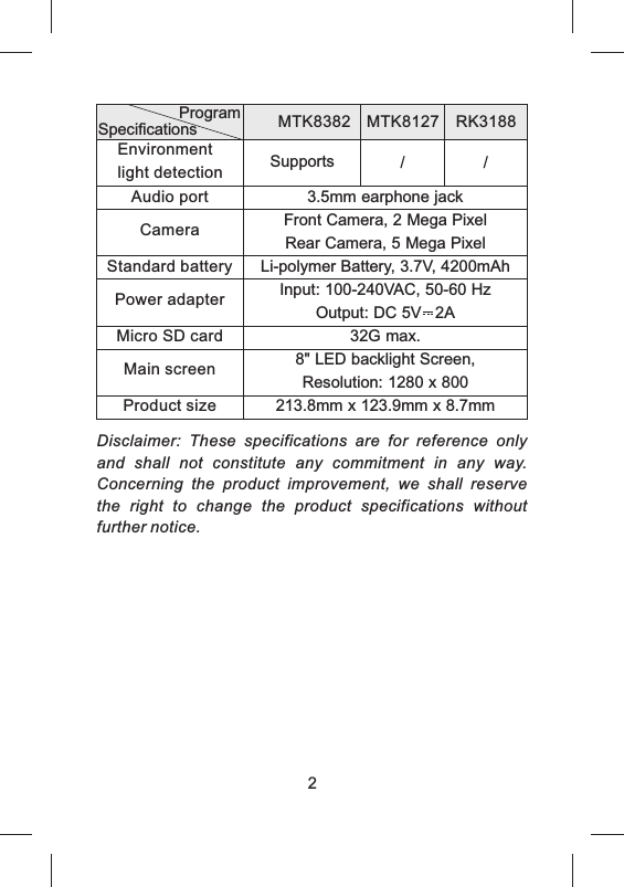 2Front Camera, 2 Mega PixelRear Camera, 5 Mega PixelLi-polymer Battery, 3.7V, 4200mAhInput: 100-240VAC, 50-60 HzOutput: DC 5V   2A32G max.8" LED backlight Screen, Resolution: 1280 x 800213.8mm x 123.9mm x 8.7mmCameraStandard batteryPower adapterMicro SD cardMain screenProduct sizeMTK8127MTK8382Disclaimer:  These  specifications  are  for  reference  only and  shall  not  constitute  any  commitment  in  any  way. Concerning  the  product  improvement,  we  shall  reserve the  right  to  change  the  product  specifications  without further notice.RK31883.5mm earphone jackAudio portEnvironment light detection Supports / /ProgramSpecifications