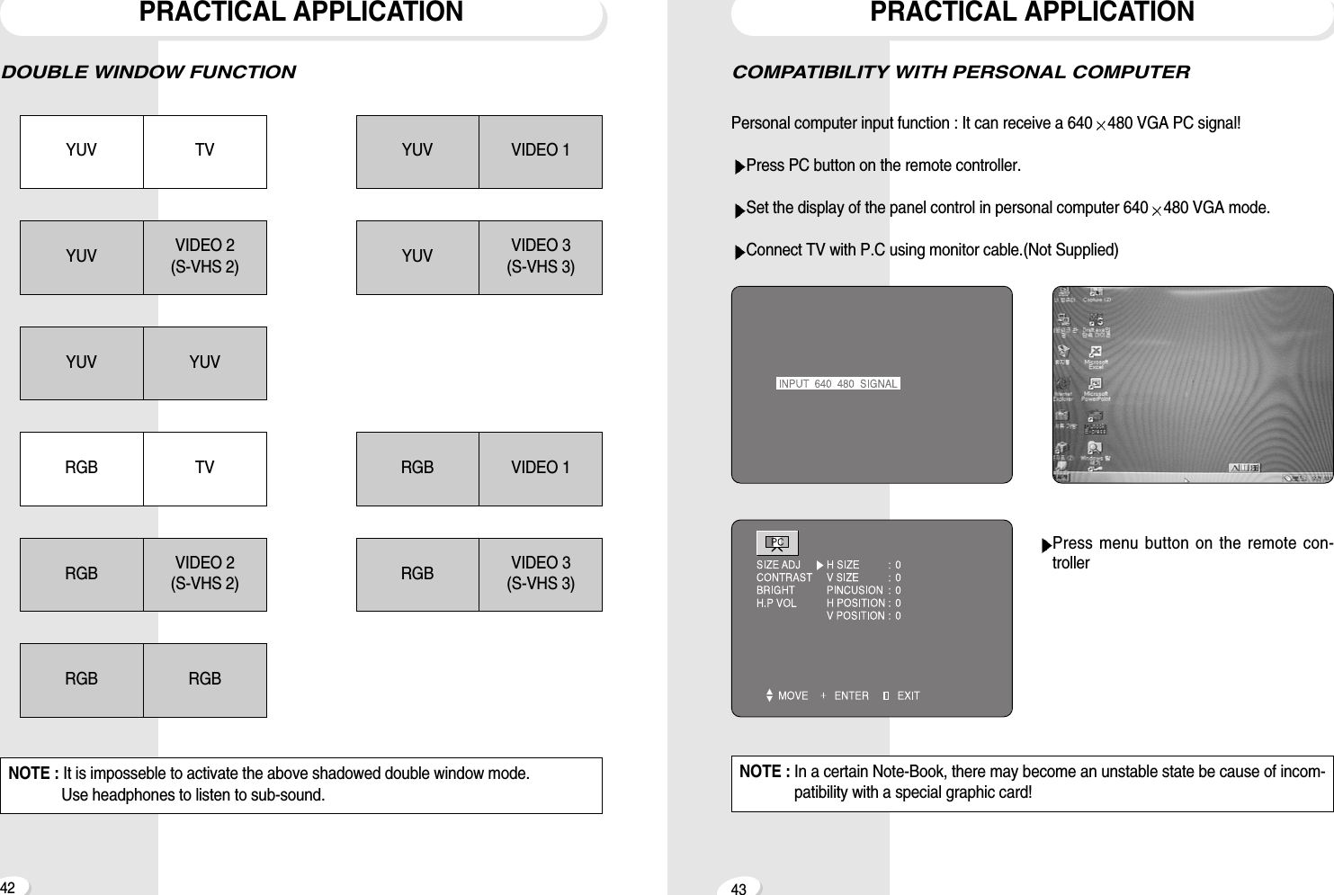 4342COMPATIBILITY WITH PERSONAL COMPUTERPersonal computer input function : It can receive a 640 480 VGA PC signal!Press PC button on the remote controller.Set the display of the panel control in personal computer 640 480 VGA mode.Connect TV with P.C using monitor cable.(Not Supplied)Press menu button on the remote con-trollerPRACTICAL APPLICATIONDOUBLE WINDOW FUNCTIONPRACTICAL APPLICATIONYUV TVYUV VIDEO 2(S-VHS 2)YUV YUVYUV VIDEO 1YUV VIDEO 3(S-VHS 3)RGB VIDEO 1RGB VIDEO 3(S-VHS 3)RGB TVRGB VIDEO 2(S-VHS 2)RGB RGBNOTE : It is imposseble to activate the above shadowed double window mode.Use headphones to listen to sub-sound.NOTE : In a certain Note-Book, there may become an unstable state be cause of incom-patibility with a special graphic card!