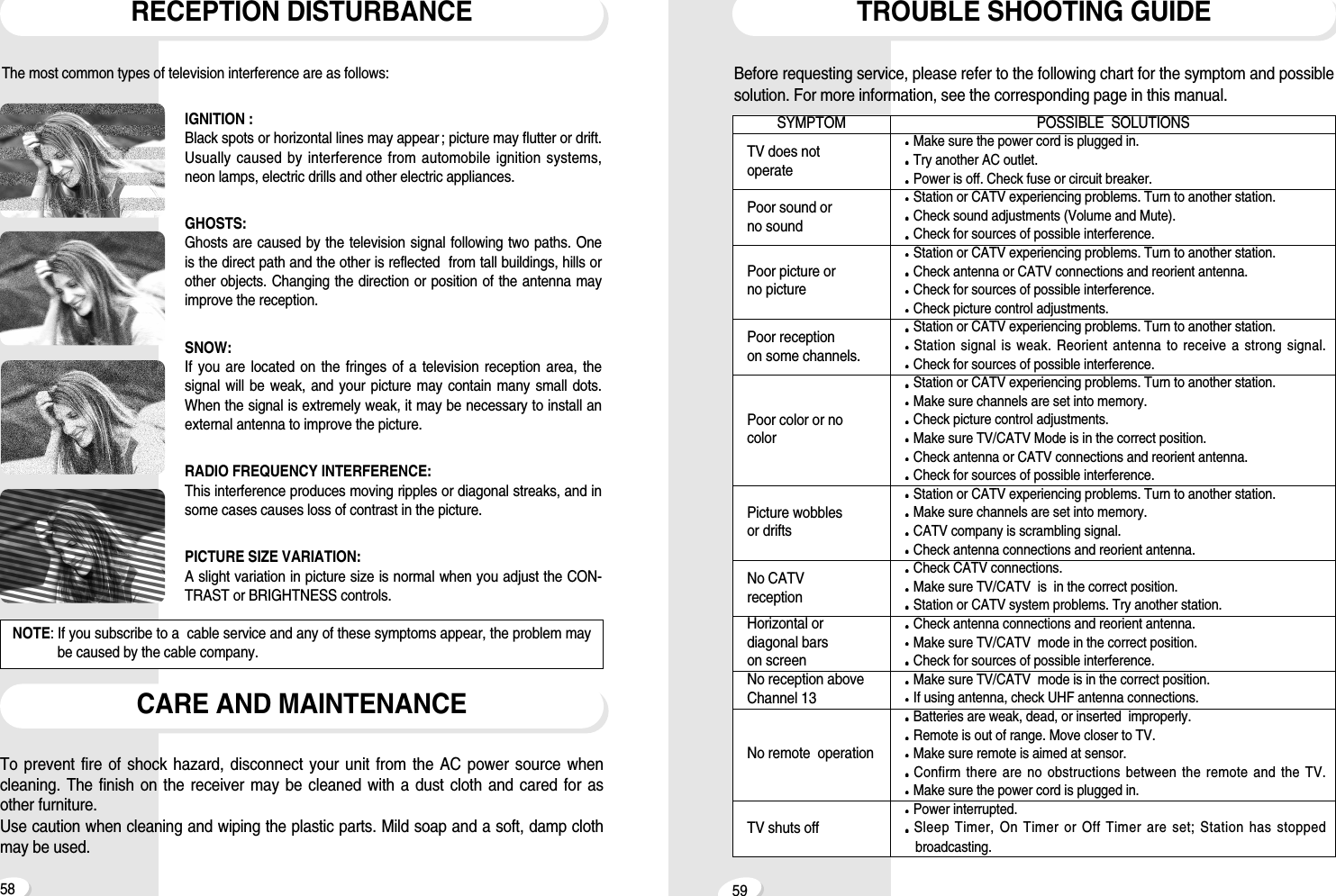5958TROUBLE SHOOTING GUIDEBefore requesting service, please refer to the following chart for the symptom and possiblesolution. For more information, see the corresponding page in this manual. POSSIBLE  SOLUTIONSMake sure the power cord is plugged in.Try another AC outlet.Power is off. Check fuse or circuit breaker.Station or CATV experiencing problems. Turn to another station.Check sound adjustments (Volume and Mute).Check for sources of possible interference.Station or CATV experiencing problems. Turn to another station.Check antenna or CATV connections and reorient antenna.Check for sources of possible interference.Check picture control adjustments.Station or CATV experiencing problems. Turn to another station.Station signal is weak. Reorient antenna to receive a strong signal.Check for sources of possible interference.Station or CATV experiencing problems. Turn to another station.Make sure channels are set into memory.Check picture control adjustments.Make sure TV/CATV Mode is in the correct position.Check antenna or CATV connections and reorient antenna.Check for sources of possible interference.Station or CATV experiencing problems. Turn to another station.Make sure channels are set into memory.CATV company is scrambling signal.Check antenna connections and reorient antenna.Check CATV connections.Make sure TV/CATV  is  in the correct position.Station or CATV system problems. Try another station.Check antenna connections and reorient antenna.Make sure TV/CATV  mode in the correct position.Check for sources of possible interference.Make sure TV/CATV  mode is in the correct position.If using antenna, check UHF antenna connections.Batteries are weak, dead, or inserted  improperly.Remote is out of range. Move closer to TV.Make sure remote is aimed at sensor.Confirm there are no obstructions between the remote and the TV.Make sure the power cord is plugged in.Power interrupted.Sleep Timer, On Timer or Off Timer are set; Station has stoppedbroadcasting.SYMPTOMTV does notoperatePoor sound or no soundPoor picture or no picturePoor reception on some channels.Poor color or nocolorPicture wobblesor driftsNo CATVreceptionHorizontal ordiagonal barson screenNo reception aboveChannel 13No remote  operationTV shuts offRECEPTION DISTURBANCECARE AND MAINTENANCEThe most common types of television interference are as follows:IGNITION : Black spots or horizontal lines may appear ; picture may flutter or drift.Usually caused by interference from automobile ignition systems,neon lamps, electric drills and other electric appliances.GHOSTS: Ghosts are caused by the television signal following two paths. One is the direct path and the other is reflected  from tall buildings, hills orother objects. Changing the direction or position of the antenna mayimprove the reception.SNOW: If you are located on the fringes of a television reception area, thesignal will be weak, and your picture may contain many small dots.When the signal is extremely weak, it may be necessary to install anexternal antenna to improve the picture.RADIO FREQUENCY INTERFERENCE: This interference produces moving ripples or diagonal streaks, and insome cases causes loss of contrast in the picture.PICTURE SIZE VARIATION: A slight variation in picture size is normal when you adjust the CON-TRAST or BRIGHTNESS controls.NOTE: If you subscribe to a  cable service and any of these symptoms appear, the problem maybe caused by the cable company. To prevent fire of shock hazard, disconnect your unit from the AC power source whencleaning. The finish on the receiver may be cleaned with a dust cloth and cared for asother furniture. Use caution when cleaning and wiping the plastic parts. Mild soap and a soft, damp clothmay be used.