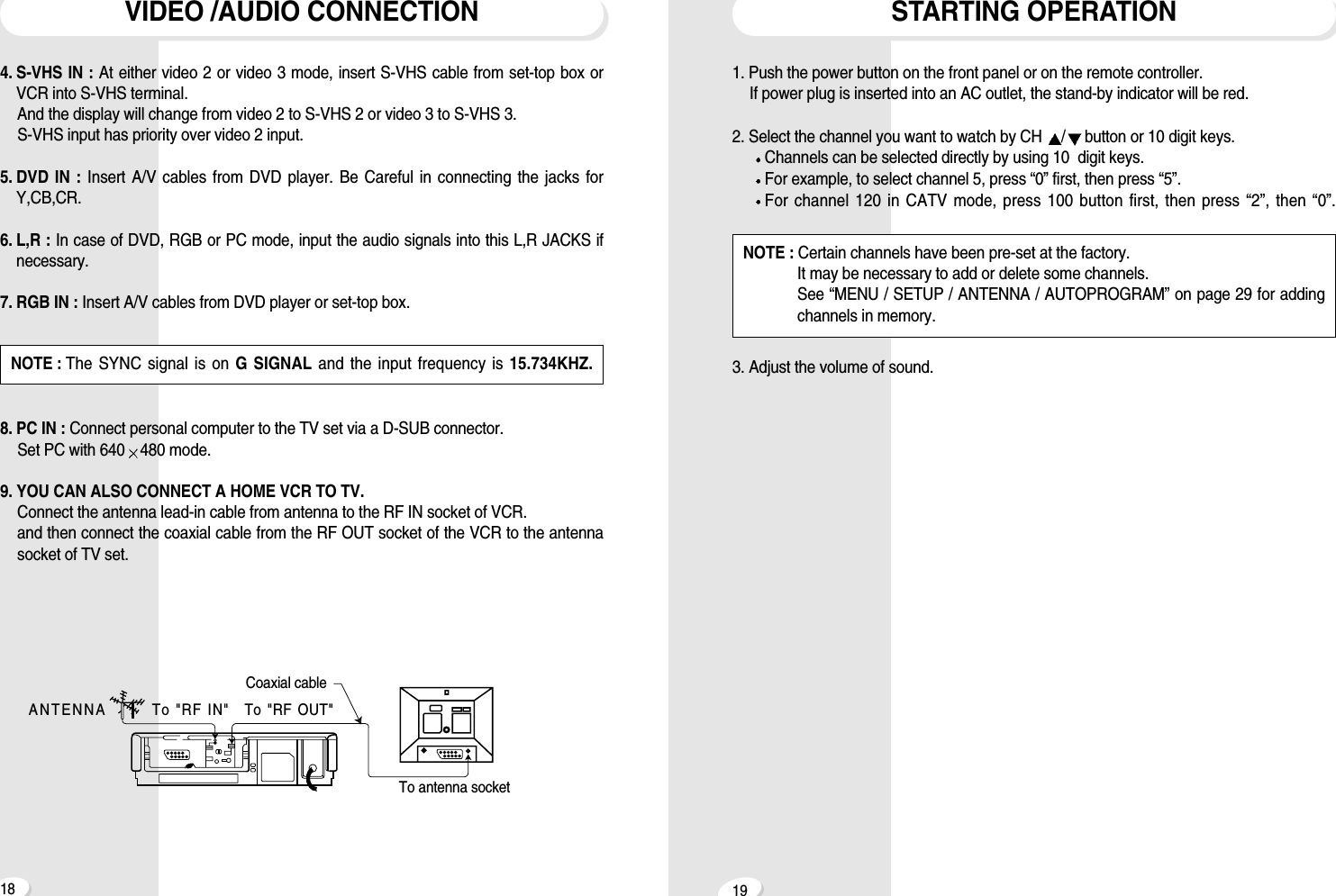 1918STARTING OPERATION1. Push the power button on the front panel or on the remote controller.If power plug is inserted into an AC outlet, the stand-by indicator will be red.2. Select the channel you want to watch by CH  /button or 10 digit keys.Channels can be selected directly by using 10  digit keys.For example, to select channel 5, press &ldquo;0&rdquo; first, then press &ldquo;5&rdquo;.For channel 120 in CATV mode, press 100 button first, then press &ldquo;2&rdquo;, then &ldquo;0&rdquo;.3. Adjust the volume of sound.NOTE : Certain channels have been pre-set at the factory.It may be necessary to add or delete some channels.See &ldquo;MENU / SETUP / ANTENNA / AUTOPROGRAM&rdquo; on page 29 for addingchannels in memory.VIDEO /AUDIO CONNECTION4. S-VHS IN : At either video 2 or video 3 mode, insert S-VHS cable from set-top box orVCR into S-VHS terminal.And the display will change from video 2 to S-VHS 2 or video 3 to S-VHS 3.S-VHS input has priority over video 2 input.5. DVD IN : Insert A/V cables from DVD player. Be Careful in connecting the jacks forY,CB,CR.6. L,R : In case of DVD, RGB or PC mode, input the audio signals into this L,R JACKS ifnecessary.7. RGB IN : Insert A/V cables from DVD player or set-top box. 8. PC IN : Connect personal computer to the TV set via a D-SUB connector.Set PC with 640 480 mode.9. YOU CAN ALSO CONNECT A HOME VCR TO TV.Connect the antenna lead-in cable from antenna to the RF IN socket of VCR.and then connect the coaxial cable from the RF OUT socket of the VCR to the antennasocket of TV set. ANTENNA To "RF IN"To antenna socketTo "RF OUT"Coaxial cableNOTE : The SYNC signal is on G SIGNAL and the input frequency is 15.734KHZ.