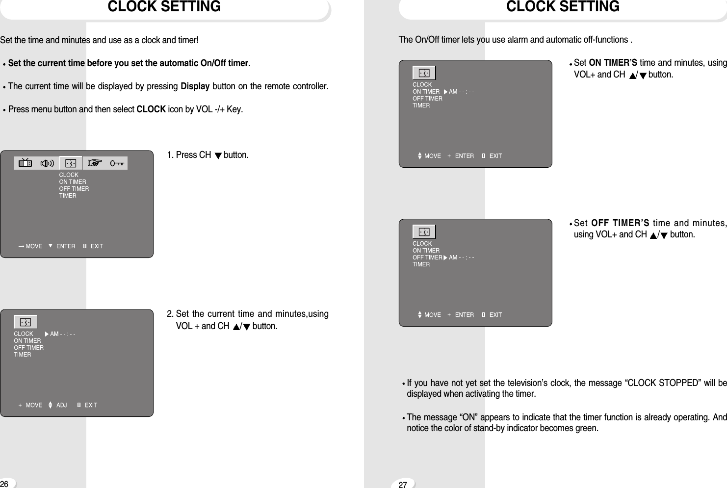 2726The On/Off timer lets you use alarm and automatic off-functions .Set ON TIMER&rsquo;S time and minutes, usingVOL+ and CH  /button.Set OFF TIMER&rsquo;S time and minutes,using VOL+ and CH  /button.If you have not yet set the television&rsquo;s clock, the message &ldquo;CLOCK STOPPED&rdquo; will bedisplayed when activating the timer.The message &ldquo;ON&rdquo; appears to indicate that the timer function is already operating. Andnotice the color of stand-by indicator becomes green.CLOCK SETTINGCLOCK SETTINGSet the time and minutes and use as a clock and timer! Set the current time before you set the automatic On/Off timer.The current time will be displayed by pressing Display button on the remote controller.Press menu button and then select CLOCK icon by VOL -/+ Key.1. Press CH  button.2. Set the current time and minutes,usingVOL + and CH  /button.