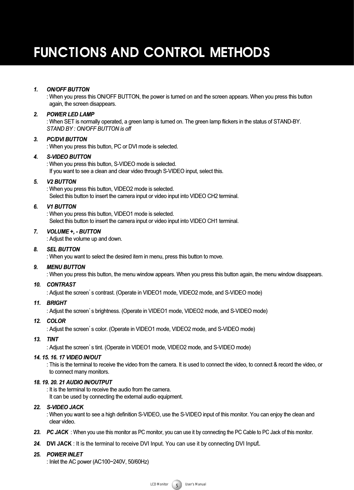 LCD Monitor User&rsquo;s Manual1. ON/OFF BUTTON : When you press this ON/OFF BUTTON, the power is turned on and the screen appears. When you press this buttonagain, the screen disappears. 2. POWER LED LAMP : When SET is normally operated, a green lamp is turned on. The green lamp flickers in the status of STAND-BY. STAND BY : ON/OFF BUTTON is off3. PC/DVI BUTTON : When you press this button, PC or DVI mode is selected.4. S-VIDEO BUTTON: When you press this button, S-VIDEO mode is selected.If you want to see a clean and clear video through S-VIDEO input, select this. 5. V2 BUTTON : When you press this button, VIDEO2 mode is selected.Select this button to insert the camera input or video input into VIDEO CH2 terminal.6. V1 BUTTON: When you press this button, VIDEO1 mode is selected. Select this button to insert the camera input or video input into VIDEO CH1 terminal.7. VOLUME +, - BUTTON : Adjust the volume up and down. 8. SEL BUTTON: When you want to select the desired item in menu, press this button to move. 9. MENU BUTTON: When you press this button, the menu window appears. When you press this button again, the menu window disappears. 10. CONTRAST : Adjust the screen s contrast. (Operate in VIDEO1 mode, VIDEO2 mode, and S-VIDEO mode)11. BRIGHT: Adjust the screen s brightness. (Operate in VIDEO1 mode, VIDEO2 mode, and S-VIDEO mode)12. COLOR: Adjust the screen s color. (Operate in VIDEO1 mode, VIDEO2 mode, and S-VIDEO mode)13. TINT : Adjust the screen s tint. (Operate in VIDEO1 mode, VIDEO2 mode, and S-VIDEO mode)14. 15. 16. 17 VIDEO IN/OUT : This is the terminal to receive the video from the camera. It is used to connect the video, to connect &amp; record the video, orto connect many monitors.18. 19. 20. 21 AUDIO IN/OUTPUT : It is the terminal to receive the audio from the camera. It can be used by connecting the external audio equipment.22. S-VIDEO JACK : When you want to see a high definition S-VIDEO, use the S-VIDEO input of this monitor. You can enjoy the clean andclear video.23.PC JACK : When you use this monitor as PC monitor, you can use it by connecting the PC Cable to PC Jack of this monitor. 24. DVI JACK : It is the terminal to receive DVI Input. You can use it by connecting DVI Input.25. POWER INLET: Inlet the AC power (AC100~240V, 50/60Hz)