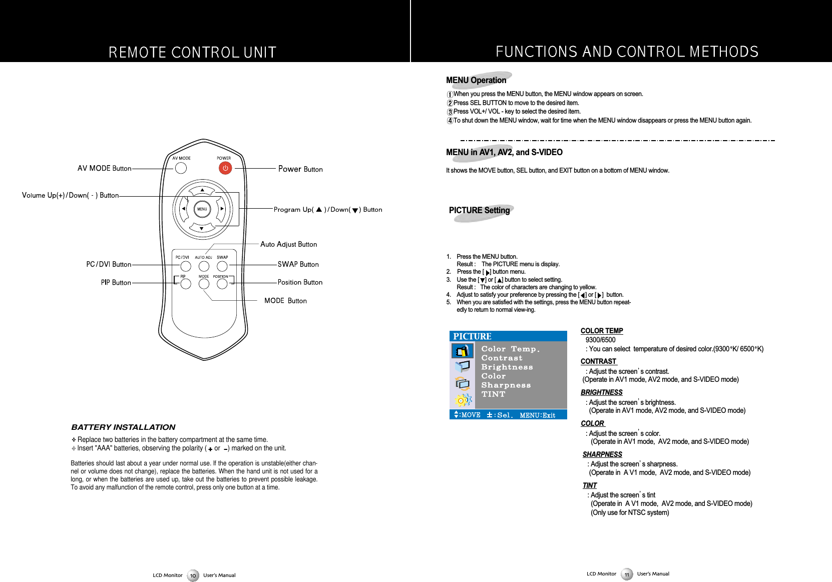 MENU OperationWhen you press the MENU button, the MENU window appears on screen.Press SEL BUTTON to move to the desired item.Press VOL+/ VOL - key to select the desired item.To shut down the MENU window, wait for time when the MENU window disappears or press the MENU button again.MENU in AV1, AV2, and S-VIDEOIt shows the MOVE button, SEL button, and EXIT button on a bottom of MENU window.LCD Monitor User&rsquo;s Manual1.   Press the MENU button.Result :    The PICTURE menu is display.2.    Press the [ ] button menu.3.  Use the [ ] or [ ] button to select setting.Result :   The color of characters are changing to yellow.4. Adjust to satisfy your preference by pressing the [ ] or [ ]  button.5. When you are satisfied with the settings, press the MENU button repeat-edly to return to normal view-ing.COLOR TEMP9300/6500: You can select  temperature of desired color.(9300 K/ 6500 K)CONTRAST : Adjust the screen s contrast. (Operate in AV1 mode, AV2 mode, and S-VIDEO mode)BRIGHTNESS: Adjust the screen s brightness. (Operate in AV1 mode, AV2 mode, and S-VIDEO mode)COLOR : Adjust the screen s color. (Operate in AV1 mode,  AV2 mode, and S-VIDEO mode)SHARPNESS: Adjust the screen s sharpness.(Operate in  A V1 mode,  AV2 mode, and S-VIDEO mode)TINT: Adjust the screen s tint(Operate in  A V1 mode,  AV2 mode, and S-VIDEO mode)(Only use for NTSC system)PICTURE SettingLCD Monitor User&rsquo;s ManualBATTERY INSTALLATIONReplace two batteries in the battery compartment at the same time.lnsert "AAA" batteries, observing the polarity ( or  ) marked on the unit.Batteries should last about a year under normal use. lf the operation is unstable(either chan-nel or volume does not change), replace the batteries. When the hand unit is not used for along, or when the batteries are used up, take out the batteries to prevent possible leakage.To avoid any malfunction of the remote control, press only one button at a time.