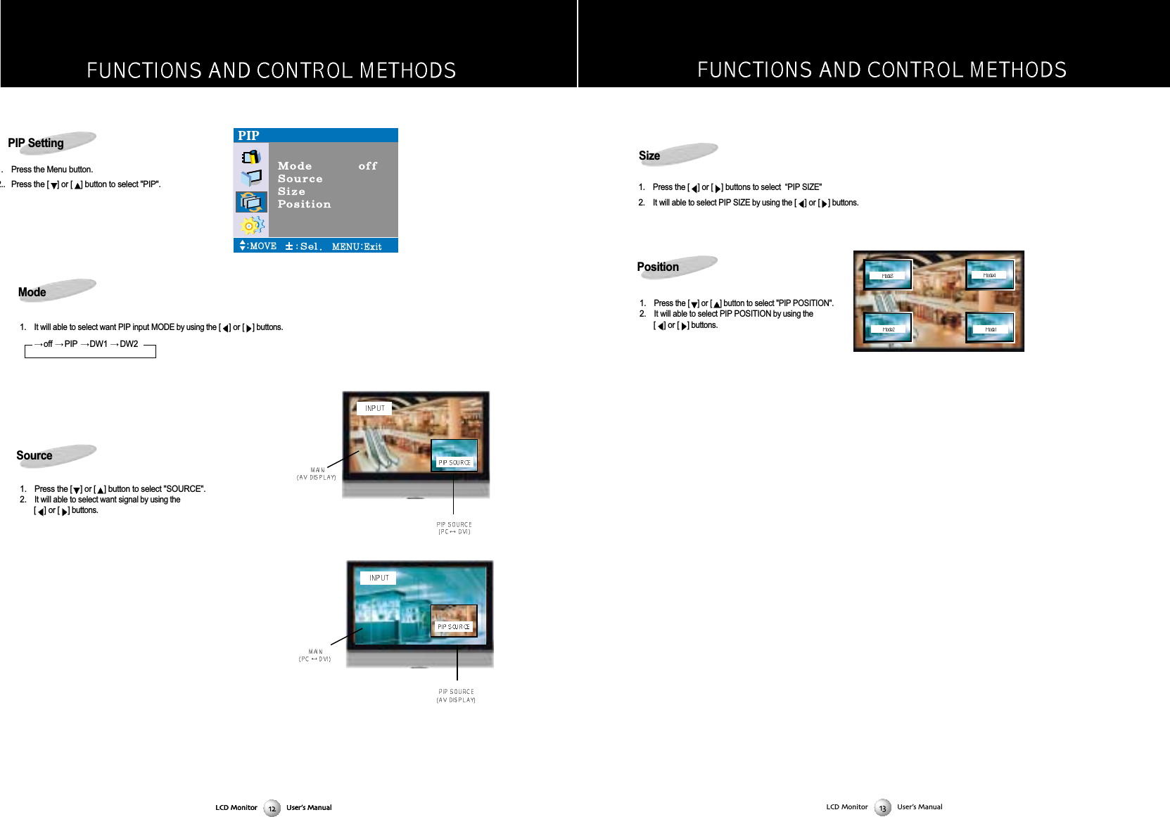 LCD Monitor User&rsquo;s Manual1.Press the [] or [ ]buttons to select  &ldquo;PIP SIZE"2. It will able to select PIP SIZE by using the[] or [ ]buttons.1.Press the [ ] or [ ] button to select "PIP POSITION".2. It will able to select PIP POSITION by using the[] or [ ]buttons.LCD Monitor User&rsquo;s ManualSizePosition. Press the Menu button.2.. Press the [ ] or [ ] button to select "PIP".1. It will able to select want PIP input MODE by using the[] or [ ]buttons.1. Press the [ ] or [ ] button to select "SOURCE".2. It will able to select want signal by using the[] or [ ]buttons.LCD Monitor User&rsquo;s ManualPIP SettingModeoff  PIP  DW1  DW2 Source