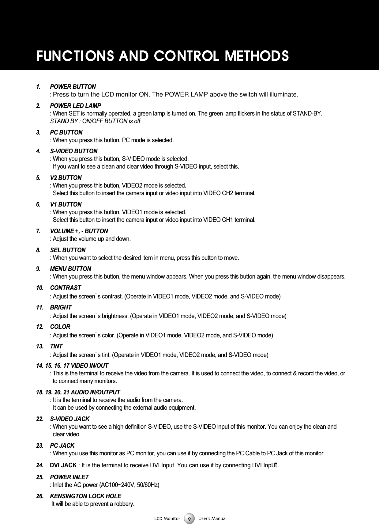 LCD Monitor User&rsquo;s Manual1. POWER BUTTON : Press to turn the LCD monitor ON. The POWER LAMP above the switch will illuminate.2. POWER LED LAMP : When SET is normally operated, a green lamp is turned on. The green lamp flickers in the status of STAND-BY. STAND BY : ON/OFF BUTTON is off3. PC BUTTON : When you press this button, PC mode is selected.4. S-VIDEO BUTTON: When you press this button, S-VIDEO mode is selected.If you want to see a clean and clear video through S-VIDEO input, select this. 5. V2 BUTTON : When you press this button, VIDEO2 mode is selected.Select this button to insert the camera input or video input into VIDEO CH2 terminal.6. V1 BUTTON: When you press this button, VIDEO1 mode is selected. Select this button to insert the camera input or video input into VIDEO CH1 terminal.7. VOLUME +, - BUTTON : Adjust the volume up and down. 8. SEL BUTTON: When you want to select the desired item in menu, press this button to move. 9. MENU BUTTON: When you press this button, the menu window appears. When you press this button again, the menu window disappears. 10. CONTRAST : Adjust the screen s contrast. (Operate in VIDEO1 mode, VIDEO2 mode, and S-VIDEO mode)11. BRIGHT: Adjust the screen s brightness. (Operate in VIDEO1 mode, VIDEO2 mode, and S-VIDEO mode)12. COLOR: Adjust the screen s color. (Operate in VIDEO1 mode, VIDEO2 mode, and S-VIDEO mode)13. TINT : Adjust the screen s tint. (Operate in VIDEO1 mode, VIDEO2 mode, and S-VIDEO mode)14. 15. 16. 17 VIDEO IN/OUT : This is the terminal to receive the video from the camera. It is used to connect the video, to connect &amp; record the video, orto connect many monitors.18. 19. 20. 21 AUDIO IN/OUTPUT : It is the terminal to receive the audio from the camera. It can be used by connecting the external audio equipment.22. S-VIDEO JACK : When you want to see a high definition S-VIDEO, use the S-VIDEO input of this monitor. You can enjoy the clean andclear video.23. PC JACK: When you use this monitor as PC monitor, you can use it by connecting the PC Cable to PC Jack of this monitor.24. DVI JACK : It is the terminal to receive DVI Input. You can use it by connecting DVI Input.25. POWER INLET: Inlet the AC power (AC100~240V, 50/60Hz)26. KENSINGTON LOCK HOLEIt will be able to prevent a robbery.