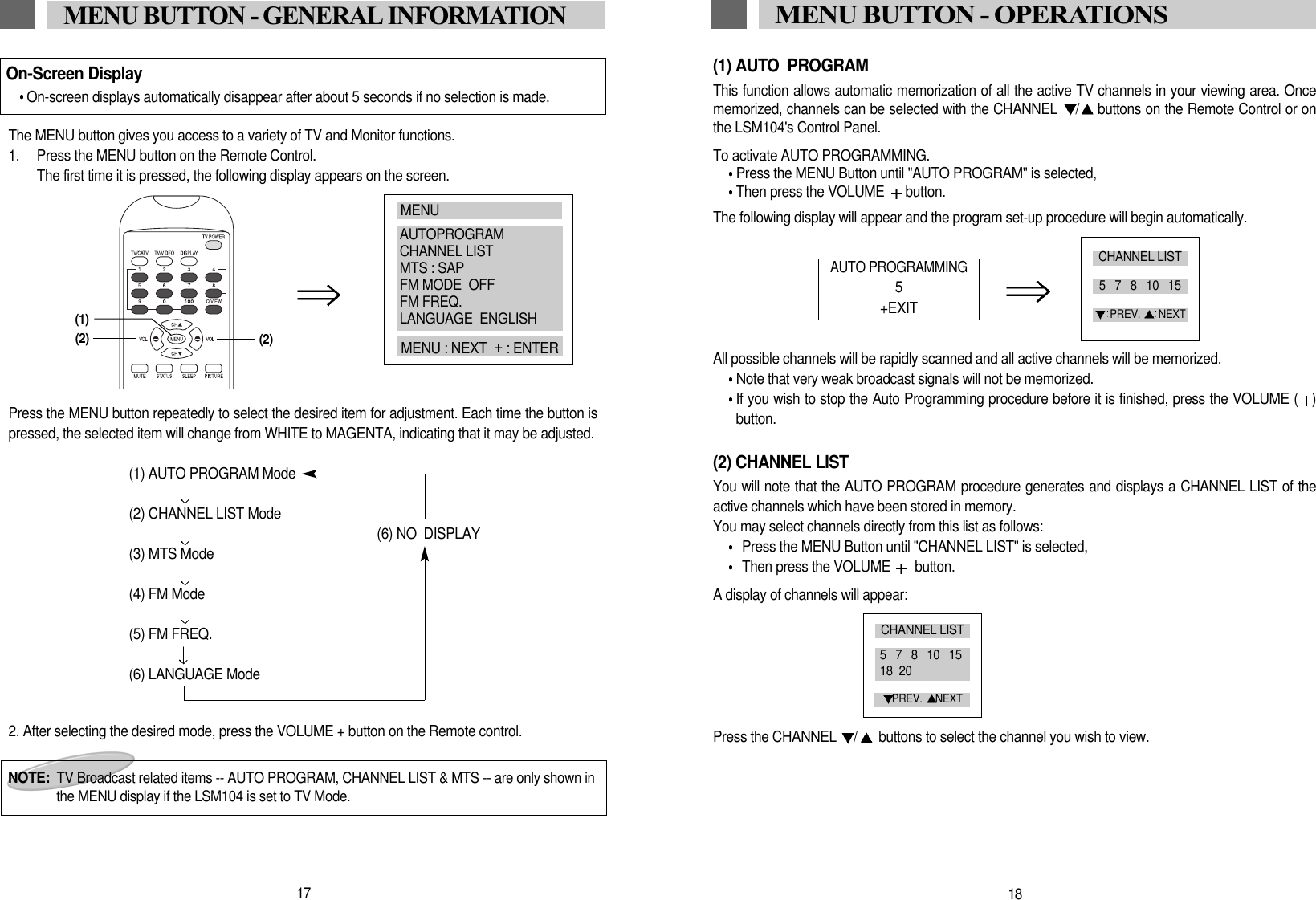 (1) AUTO  PROGRAMThis function allows automatic memorization of all the active TV channels in your viewing area. Oncememorized, channels can be selected with the CHANNEL  /buttons on the Remote Control or onthe LSM104's Control Panel. To activate AUTO PROGRAMMING. Press the MENU Button until "AUTO PROGRAM" is selected,Then press the VOLUME  button. The following display will appear and the program set-up procedure will begin automatically. All possible channels will be rapidly scanned and all active channels will be memorized.Note that very weak broadcast signals will not be memorized. If you wish to stop the Auto Programming procedure before it is finished, press the VOLUME ( )button.(2) CHANNEL LISTYou will note that the AUTO PROGRAM procedure generates and displays a CHANNEL LIST of theactive channels which have been stored in memory. You may select channels directly from this list as follows:Press the MENU Button until "CHANNEL LIST" is selected, Then press the VOLUME  button.  A display of channels will appear:Press the CHANNEL  /buttons to select the channel you wish to view.AUTO PROGRAMMING5+EXIT18MENU BUTTON - OPERATIONSCHANNEL LIST5   7   8   10   15PREV.  NEXTCHANNEL LIST5   7   8   10   1518  20PREV.  NEXTThe MENU button gives you access to a variety of TV and Monitor functions.1.  Press the MENU button on the Remote Control. The first time it is pressed, the following display appears on the screen.Press the MENU button repeatedly to select the desired item for adjustment. Each time the button ispressed, the selected item will change from WHITE to MAGENTA, indicating that it may be adjusted.(1) AUTO PROGRAM Mode(2) CHANNEL LIST Mode(6) NO  DISPLAY(3) MTS Mode(4) FM Mode(5) FM FREQ.(6) LANGUAGE Mode2. After selecting the desired mode, press the VOLUME + button on the Remote control.  On-Screen DisplayOn-screen displays automatically disappear after about 5 seconds if no selection is made.17MENU BUTTON - GENERAL INFORMATION(2)(2)(1)MENUAUTOPROGRAMCHANNEL LISTMTS : SAPFM MODE  OFFFM FREQ.LANGUAGE  ENGLISHMENU : NEXT  +: ENTERNOTE:  TV Broadcast related items -- AUTO PROGRAM, CHANNEL LIST &amp; MTS -- are only shown inthe MENU display if the LSM104 is set to TV Mode.