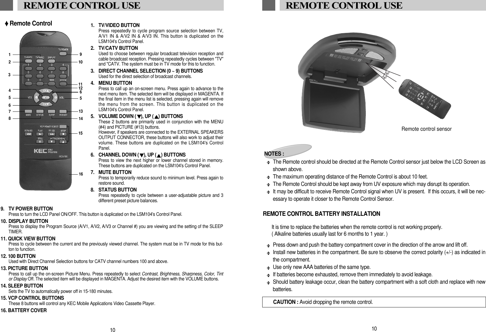 10REMOTE CONTROL USECAUTION : Avoid dropping the remote control.NOTES :The Remote control should be directed at the Remote Control sensor just below the LCD Screen asshown above. The maximum operating distance of the Remote Control is about 10 feet.The Remote Control should be kept away from UV exposure which may disrupt its operation.It may be difficult to receive Remote Control signal when UV is present.  If this occurs, it will be nec-essary to operate it closer to the Remote Control Sensor.It is time to replace the batteries when the remote control is not working properly.( Alkaline batteries usually last for 6 months to 1 year. )Press down and push the battery compartment cover in the direction of the arrow and lift off. Install new batteries in the compartment. Be sure to observe the correct polarity (+/-) as indicated inthe compartment. Use only new AAA batteries of the same type. If batteries become exhausted, remove them immediately to avoid leakage. Should battery leakage occur, clean the battery compartment with a soft cloth and replace with newbatteries.REMOTE CONTROL BATTERY INSTALLATIONRemote control sensor1. TV/VIDEO BUTTONPress repeatedly to cycle program source selection between TV,A/V1 IN &amp; A/V2 IN &amp; A/V3 IN. This button is duplicated on theLSM104's Control Panel.2. TV/CATV BUTTONUsed to choose between regular broadcast television reception andcable broadcast reception. Pressing repeatedly cycles between "TV"and "CATV. The system must be in TV mode for this to function.3. DIRECT CHANNEL SELECTION (0 ~ 9) BUTTONSUsed for the direct selection of broadcast channels.4. MENU BUTTONPress to call up an on-screen menu. Press again to advance to thenext menu item. The selected item will be displayed in MAGENTA. Ifthe final item in the menu list is selected, pressing again will removethe menu from the screen. This button is duplicated on theLSM104's Control Panel.5. VOLUME DOWN ( ), UP ( ) BUTTONSThese 2 buttons are primarily used in conjunction with the MENU(#4) and PICTURE (#13) buttons.However, if speakers are connected to the EXTERNAL SPEAKERSOUTPUT CONNECTOR, these buttons will also work to adjust theirvolume. These buttons are duplicated on the LSM104's ControlPanel.6. CHANNEL DOWN ( ), UP ( ) BUTTONSPress to view the next higher or lower channel stored in memory.These buttons are duplicated on the LSM104's Control Panel.7. MUTE BUTTONPress to temporarily reduce sound to minimum level. Press again torestore sound.8. STATUS BUTTONPress repeatedly to cycle between a user-adjustable picture and 3different preset picture balances.Remote Control10REMOTE CONTROL USE92651315143511046711812169. TV POWER BUTTONPress to turn the LCD Panel ON/OFF. This button is duplicated on the LSM104's Control Panel.10. DISPLAY BUTTONPress to display the Program Source (A/V1, A/V2, A/V3 or Channel #) you are viewing and the setting of the SLEEPTIMER.11. QUICK VIEW BUTTONPress to cycle between the current and the previously viewed channel. The system must be in TV mode for this but-ton to function.12. 100 BUTTONUsed with Direct Channel Selection buttons for CATV channel numbers 100 and above.13. PICTURE BUTTONPress to call up the on-screen Picture Menu. Press repeatedly to select Contrast, Brightness, Sharpness, Color, Tintor Display Off. The selected item will be displayed in MAGENTA. Adjust the desired item with the VOLUME buttons.14. SLEEP BUTTONSets the TV to automatically power off in 15-180 minutes.15. VCP CONTROL BUTTONSThese 8 buttons will control any KEC Mobile Applications Video Cassette Player.16. BATTERY COVER