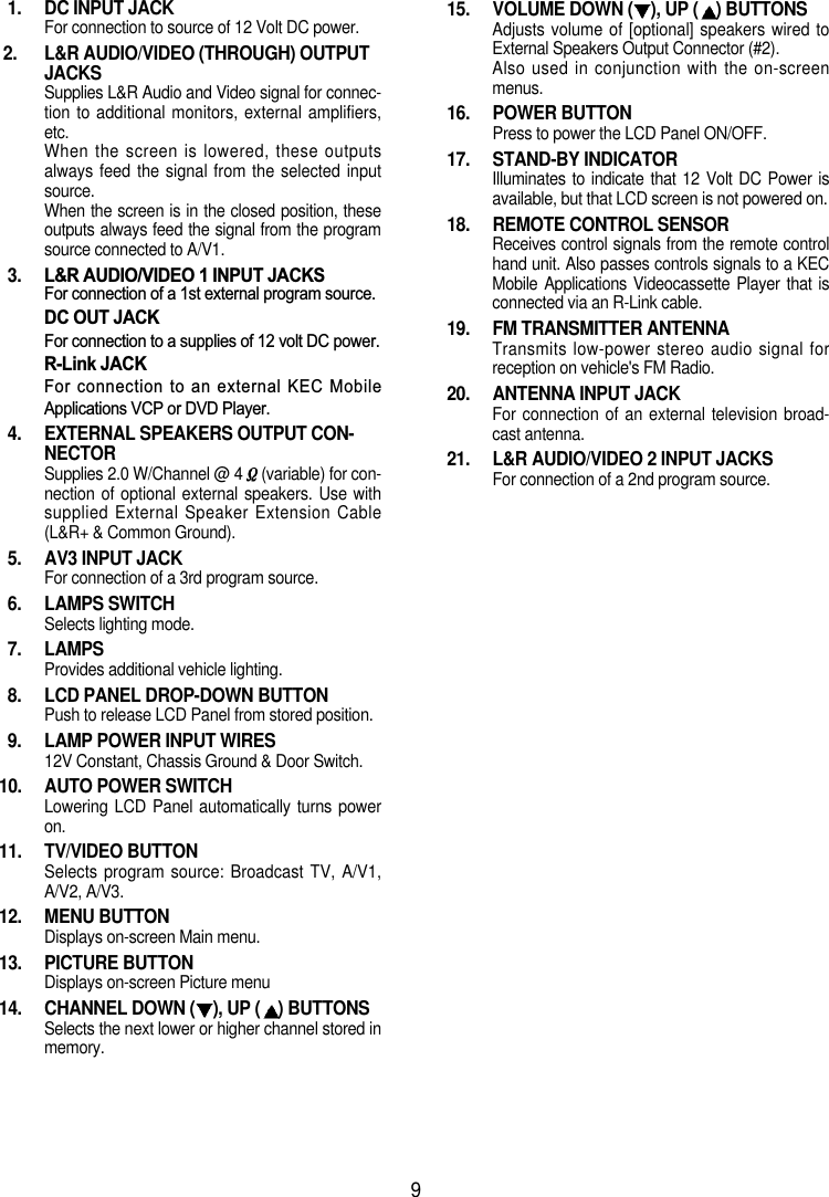 1.  DC INPUT JACKFor connection to source of 12 Volt DC power.2.  L&amp;R AUDIO/VIDEO (THROUGH) OUTPUTJACKSSupplies L&amp;R Audio and Video signal for connec-tion to additional monitors, external amplifiers,etc.When the screen is lowered, these outputsalways feed the signal from the selected inputsource.When the screen is in the closed position, theseoutputs always feed the signal from the programsource connected to A/V1.3.  L&amp;R AUDIO/VIDEO 1 INPUT JACKSFor connection of a 1st external program source.DC OUT JACKFor connection to a supplies of 12 volt DC power.R-Link JACKFor connection to an external KEC MobileApplications VCP or DVD Player.4.  EXTERNAL SPEAKERS OUTPUT CON-NECTORSupplies 2.0 W/Channel @ 4 (variable) for con-nection of  optional external speakers. Use withsupplied External Speaker Extension Cable(L&amp;R+ &amp; Common Ground).5.  AV3 INPUT JACKFor connection of a 3rd program source.6.  LAMPS SWITCHSelects lighting mode.7.  LAMPSProvides additional vehicle lighting.8.  LCD PANEL DROP-DOWN BUTTONPush to release LCD Panel from stored position.9.  LAMP POWER INPUT WIRES12V Constant, Chassis Ground &amp; Door Switch.10.  AUTO POWER SWITCHLowering LCD  Panel automatically turns poweron.11.  TV/VIDEO BUTTONSelects program source: Broadcast TV, A/V1,A/V2, A/V3.12.  MENU BUTTONDisplays on-screen Main menu.13.  PICTURE BUTTONDisplays on-screen Picture menu14.  CHANNEL DOWN ( ), UP ( ) BUTTONSSelects the next lower or higher channel stored inmemory.15.  VOLUME DOWN ( ), UP ( ) BUTTONSAdjusts volume of [optional] speakers wired toExternal Speakers Output Connector (#2). Also used in conjunction with the on-screenmenus.16.  POWER BUTTONPress to power the LCD Panel ON/OFF.17.  STAND-BY INDICATORIlluminates to indicate that 12 Volt DC Power isavailable, but that LCD screen is not powered on.18.  REMOTE CONTROL SENSORReceives control signals from the remote controlhand unit. Also passes controls signals to a KECMobile Applications Videocassette Player that isconnected via an R-Link cable.19.  FM TRANSMITTER ANTENNATransmits low-power stereo audio signal forreception on vehicle's FM Radio. 20.  ANTENNA INPUT JACKFor connection of an external  television broad-cast antenna.21.  L&amp;R AUDIO/VIDEO 2 INPUT JACKSFor connection of a 2nd program source.9