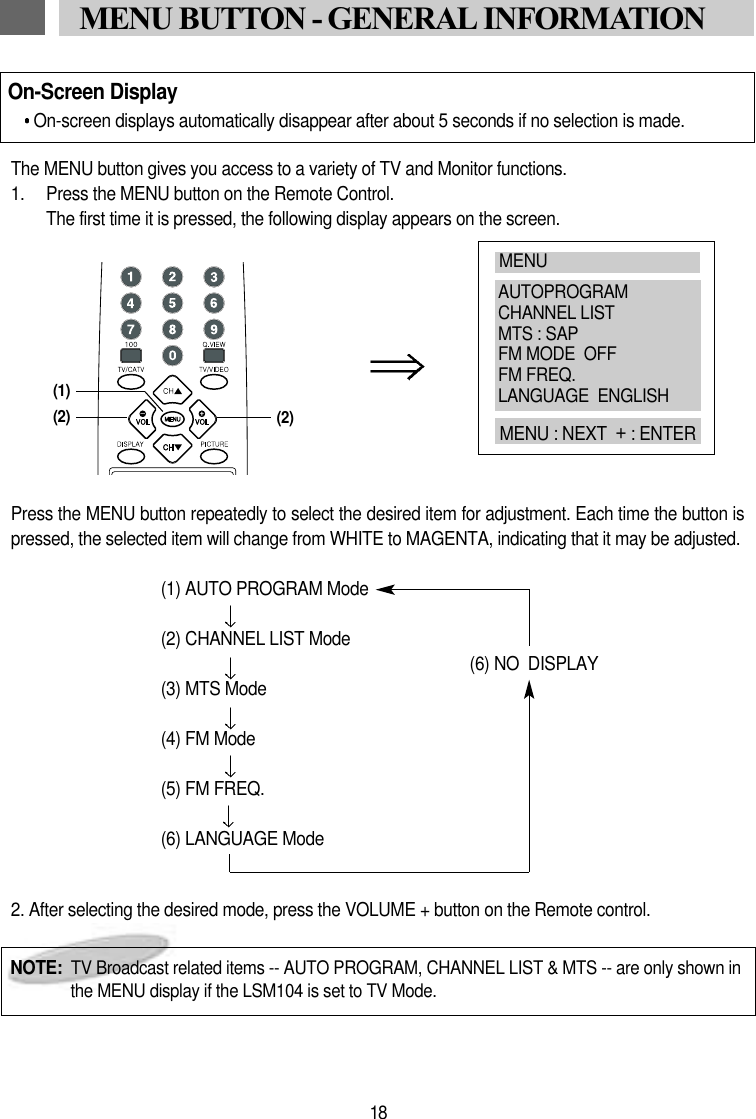 The MENU button gives you access to a variety of TV and Monitor functions.1.  Press the MENU button on the Remote Control. The first time it is pressed, the following display appears on the screen.Press the MENU button repeatedly to select the desired item for adjustment. Each time the button ispressed, the selected item will change from WHITE to MAGENTA, indicating that it may be adjusted.(1) AUTO PROGRAM Mode(2) CHANNEL LIST Mode(6) NO  DISPLAY(3) MTS Mode(4) FM Mode(5) FM FREQ.(6) LANGUAGE Mode2. After selecting the desired mode, press the VOLUME + button on the Remote control.  On-Screen DisplayOn-screen displays automatically disappear after about 5 seconds if no selection is made.18MENU BUTTON - GENERAL INFORMATIONMENUAUTOPROGRAMCHANNEL LISTMTS : SAPFM MODE  OFFFM FREQ.LANGUAGE  ENGLISHMENU : NEXT  +: ENTERNOTE:  TV Broadcast related items -- AUTO PROGRAM, CHANNEL LIST &amp; MTS -- are only shown inthe MENU display if the LSM104 is set to TV Mode.(1)(2)(2)