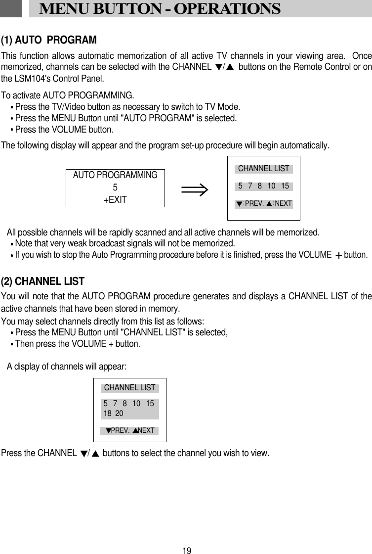 (1) AUTO  PROGRAMThis function allows automatic memorization of all active TV channels in your viewing area.  Oncememorized, channels can be selected with the CHANNEL  /buttons on the Remote Control or onthe LSM104's Control Panel. To activate AUTO PROGRAMMING. Press the TV/Video button as necessary to switch to TV Mode.Press the MENU Button until "AUTO PROGRAM" is selected.Press the VOLUME button.The following display will appear and the program set-up procedure will begin automatically.All possible channels will be rapidly scanned and all active channels will be memorized.Note that very weak broadcast signals will not be memorized.If you wish to stop the Auto Programming procedure before it is finished, press the VOLUME  button.(2) CHANNEL LISTYou will note that the AUTO PROGRAM procedure generates and displays a CHANNEL LIST of theactive channels that have been stored in memory.You may select channels directly from this list as follows:Press the MENU Button until "CHANNEL LIST" is selected,Then press the VOLUME + button.A display of channels will appear:Press the CHANNEL  /buttons to select the channel you wish to view.AUTO PROGRAMMING5+EXIT19MENU BUTTON - OPERATIONSCHANNEL LIST5   7   8   10   15PREV.  NEXTCHANNEL LIST5   7   8   10   1518  20PREV.  NEXT