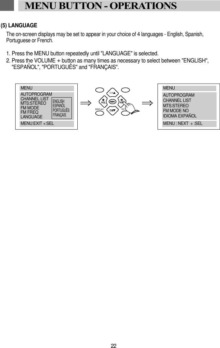 22MENU BUTTON - OPERATIONS(5) LANGUAGEThe on-screen displays may be set to appear in your choice of 4 languages - English, Spanish,Portuguese or French.1. Press the MENU button repeatedly until "LANGUAGE" is selected.2. Press the VOLUME +button as many times as necessary to select between "ENGLISH","ESPA&Ntilde;OL", "PORTUGU&Ecirc;S" and "FRAN&Ccedil;AIS".MENUAUTOPROGRAMCHANNEL LISTMTS:STEREOFM MODEFM FREQLANGUAGEMENU:EXIT +:SELENGLISHESPAN&Otilde;LPORTUGU&Ecirc;SFRAN&Ccedil;AISMENUAUTOPROGRAMCHANNEL LISTMTS:STEREOFM MODE NOIDIOMA EXPA&Ntilde;OLMENU : NEXT  + :SEL