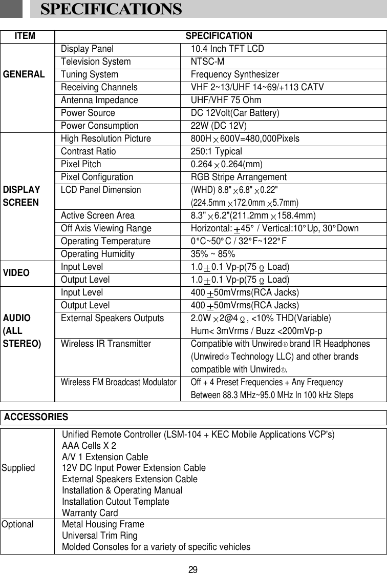 Unified Remote Controller (LSM-104 + KEC Mobile Applications VCP's)AAA Cells X 2A/V 1 Extension CableSupplied 12V DC Input Power Extension CableExternal Speakers Extension CableInstallation &amp; Operating ManualInstallation Cutout TemplateWarranty CardOptional Metal Housing Frame  Universal Trim RingMolded Consoles for a variety of specific vehiclesACCESSORIESSPECIFICATIONSITEM SPECIFICATIONDisplay Panel 10.4 Inch TFT LCDTelevision System NTSC-MGENERAL Tuning System Frequency SynthesizerReceiving Channels VHF 2~13/UHF 14~69/+113 CATVAntenna Impedance UHF/VHF 75 OhmPower Source DC 12Volt(Car Battery)Power Consumption 22W (DC 12V)High Resolution Picture 800H 600V=480,000PixelsContrast Ratio 250:1 TypicalPixel Pitch 0.264 0.264(mm)Pixel Configuration RGB Stripe ArrangementDISPLAYLCD Panel Dimension  (WHD) 8.8" 6.8" 0.22"SCREEN(224.5mm 172.0mm 5.7mm)Active Screen Area 8.3" 6.2"(211.2mm 158.4mm)Off Axis Viewing Range Horizontal: 45 / Vertical:10 Up, 30 DownOperating Temperature 0 C~50 C / 32 F~122 FOperating Humidity 35% ~ 85%VIDEO Input Level 1.0 0.1 Vp-p(75 Load)Output Level 1.0 0.1 Vp-p(75 Load)Input Level 400 50mVrms(RCA Jacks)Output Level 400 50mVrms(RCA Jacks)AUDIO External Speakers Outputs 2.0W 2@4 , <10% THD(Variable)(ALL Hum< 3mVrms / Buzz <200mVp-pSTEREO) Wireless IR TransmitterCompatible with Unwired brand IR Headphones (Unwired Technology LLC) and other brands compatible with Unwired .Wireless FM Broadcast Modulator Off + 4 Preset Frequencies + Any Frequency Between 88.3 MHz~95.0 MHz In 100 kHz Steps29