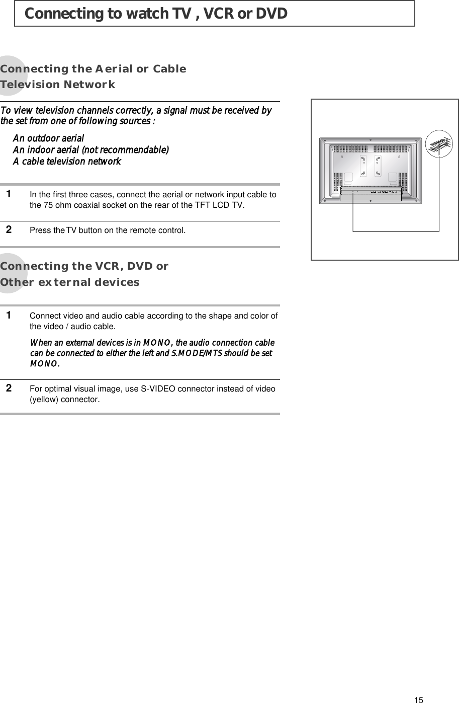 Connecting the Aerial or CableTelevision NetworkTo view television channels correctly, a signal must be received bythe set from one of following sources :An outdoor aerialAn indoor aerial (not recommendable)A cable television network1In the first three cases, connect the aerial or network input cable tothe 75 ohm coaxial socket on the rear of the TFT LCD TV.2Press the TV button on the remote control.Connecting the VCR, DVD orOther external devices1Connect video and audio cable according to the shape and color ofthe video / audio cable. When an external devices is in MONO, the audio connection cablecan be connected to either the left and S.MODE/MTS should be setMONO.2For optimal visual image, use S-VIDEO connector instead of video(yellow) connector.Connecting to watch TV , VCR or DVD15