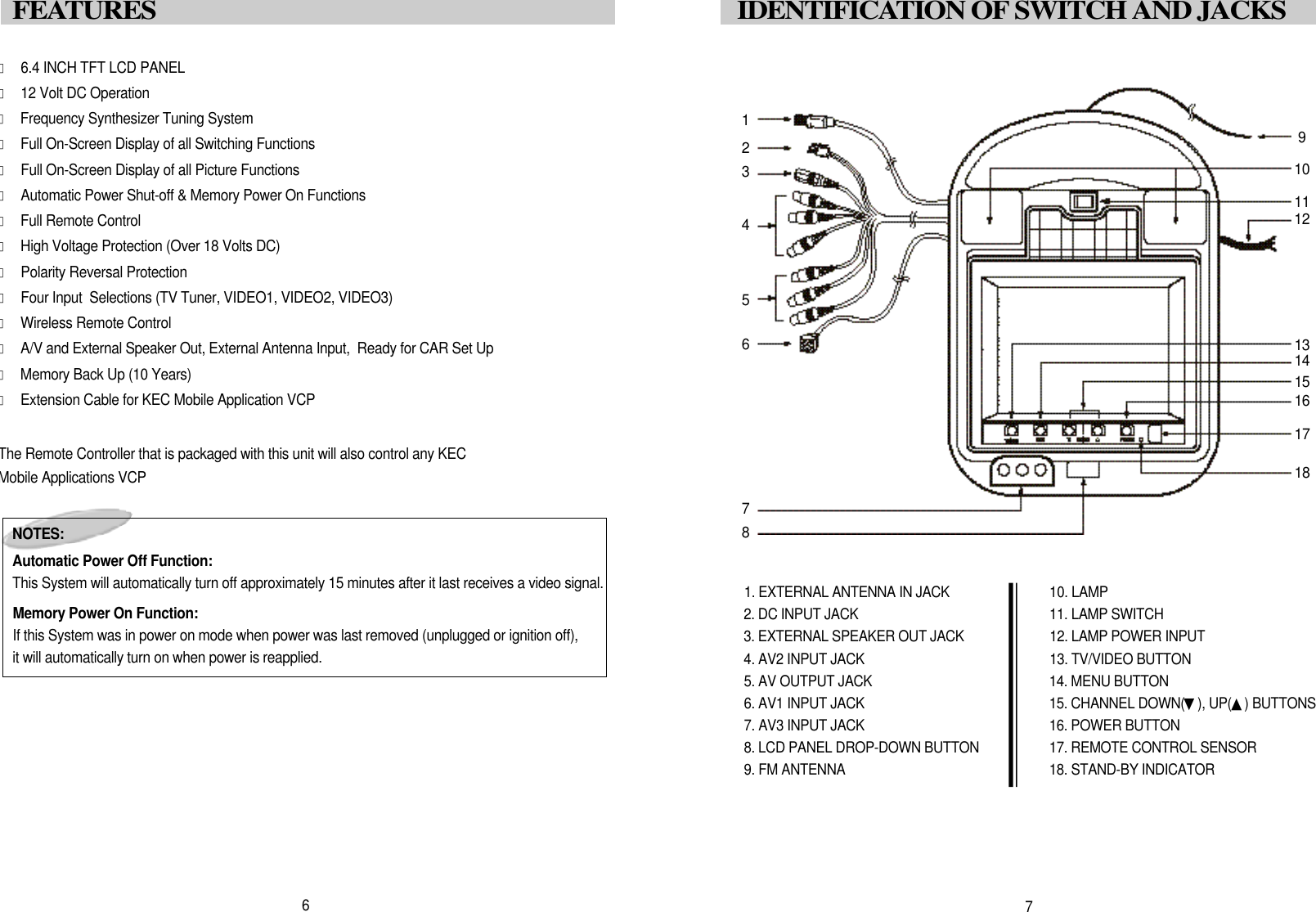 󰣔6.4 INCH TFT LCD PANEL󰣔12 Volt DC Operation󰣔Frequency Synthesizer Tuning System󰣔Full On-Screen Display of all Switching Functions󰣔Full On-Screen Display of all Picture Functions󰣔Automatic Power Shut-off &amp; Memory Power On Functions󰣔Full Remote Control󰣔High Voltage Protection (Over 18 Volts DC)󰣔Polarity Reversal Protection󰣔Four Input  Selections (TV Tuner, VIDEO1, VIDEO2, VIDEO3) 󰣔Wireless Remote Control󰣔A/V and External Speaker Out, External Antenna Input,  Ready for CAR Set Up󰣔Memory Back Up (10 Years)󰣔Extension Cable for KEC Mobile Application VCPThe Remote Controller that is packaged with this unit will also control any KECMobile Applications VCP7I D E N T I F I C ATION OF SWITCH AND JACKS1. EXTERNAL ANTENNA IN JACK2. DC INPUT JACK3. EXTERNAL SPEAKER OUT JACK4. AV2 INPUT JACK5. AV OUTPUT JACK6. AV1 INPUT JACK7. AV3 INPUT JACK8. LCD PANEL DROP-DOWN BUTTON9. FM ANTENNA10. LAMP11. LAMP SWITCH12. LAMP POWER INPUT13. TV/VIDEO BUTTON14. MENU BUTTON15. CHANNEL DOWN(▼), UP(▲) BUTTONS16. POWER BUTTON17. REMOTE CONTROL SENSOR18. STAND-BY INDICATORN O T E S :Automatic Power Off Function:This System will automatically turn off approximately 15 minutes after it last receives a video signal.Memory Power On Function:If this System was in power on mode when power was last removed (unplugged or ignition off), it will automatically turn on when power is reapplied.6F E ATURES 1234567891 01 11 21 31 41 51 61 71 8