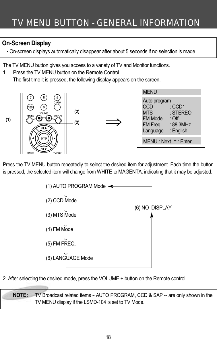 TV MENU BUTTON - GENERAL INFORMATION18The TV MENU button gives you access to a variety of TV and Monitor functions.1.  Press the TV MENU button on the Remote Control. The first time it is pressed, the following display appears on the screen.Press the TV MENU button repeatedly to select the desired item for adjustment. Each time the buttonis pressed, the selected item will change from WHITE to MAGENTA, indicating that it may be adjusted.(1) AUTO PROGRAM Mode(2) CCD Mode(6) NO  DISPLAY(3) MTS Mode(4) FM Mode(5) FM FREQ.(6) LANGUAGE Mode2. After selecting the desired mode, press the VOLUME + button on the Remote control.  On-Screen DisplayOn-screen displays automatically disappear after about 5 seconds if no selection is made.MENUAuto programCCD : CCD1MTS : STEREOFM Mode  : OffFM Freq. : 88.3MHzLanguage : EnglishMENU : Next  +: EnterNOTE:  TV Broadcast related items -AUTO PROGRAM, CCD &amp; SAP -- are only shown in theTV MENU display if the LSMD-104 is set to TV Mode.(2)(2)(1)