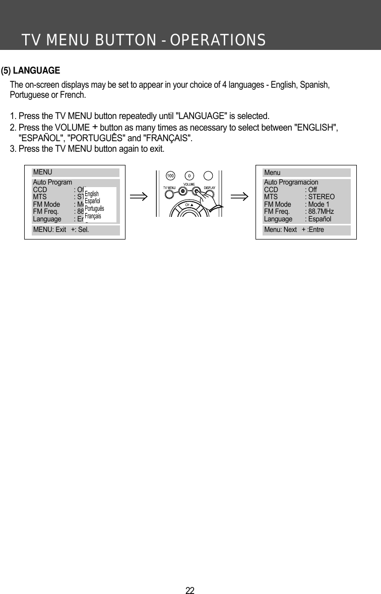 TV MENU BUTTON - OPERATIONS22(5) LANGUAGEThe on-screen displays may be set to appear in your choice of 4 languages - English, Spanish,Portuguese or French.1. Press the TV MENU button repeatedly until "LANGUAGE" is selected.2. Press the VOLUME +button as many times as necessary to select between "ENGLISH","ESPA&Ntilde;OL", "PORTUGU&Ecirc;S" and "FRAN&Ccedil;AIS".3. Press the TV MENU button again to exit. MENUAuto ProgramCCD : OffMTS : STEREOFM Mode : Mode 1FM Freq. : 88.7MHzLanguage : EnglishMENU: Exit   +: Sel.EnglishEspa&ntilde;olPortugu&ecirc;sFran&ccedil;aisMenuAuto ProgramacionCCD : OffMTS : STEREOFM Mode : Mode 1FM Freq. : 88.7MHzLanguage : Espa&ntilde;olMenu: Next   + :Entre