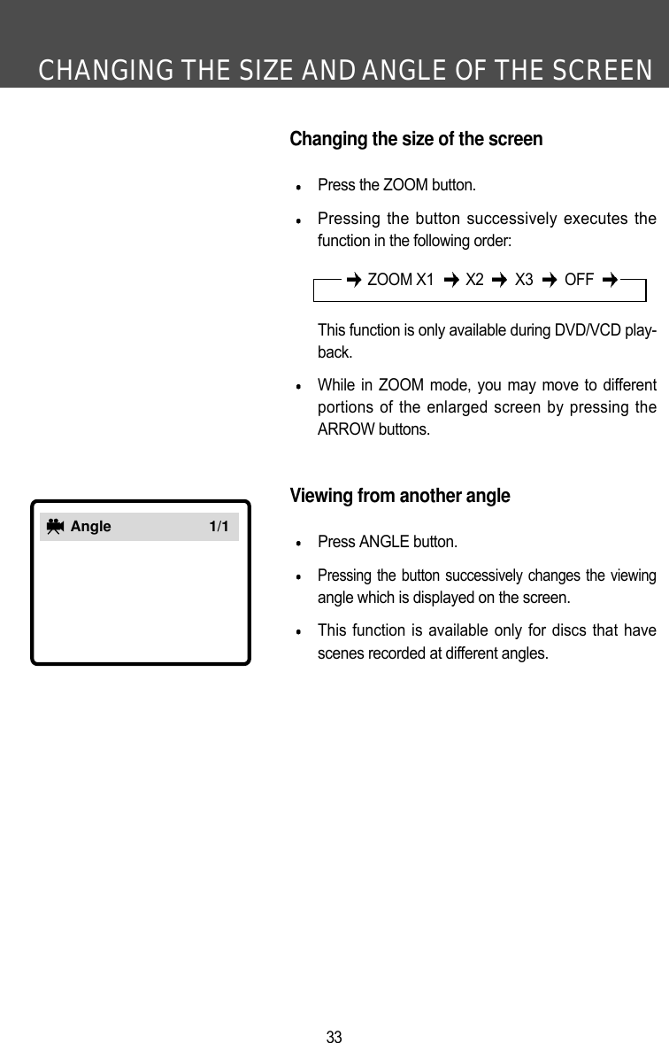 CHANGING THE SIZE AND ANGLE OF THE SCREEN33Changing the size of the screenPress the ZOOM button.Pressing the button successively executes thefunctionin the following order: This function is only available during DVD/VCD play-back.While in ZOOM mode, you may move to differentportions of the enlarged screen by pressing theARROW buttons. Viewing from another anglePress ANGLE button.Pressing the button successively changes the viewingangle which is displayed on the screen.This function is available only for discs that havescenes recorded at different angles. ZOOM X1 X2 X3 OFFAngle 1/1
