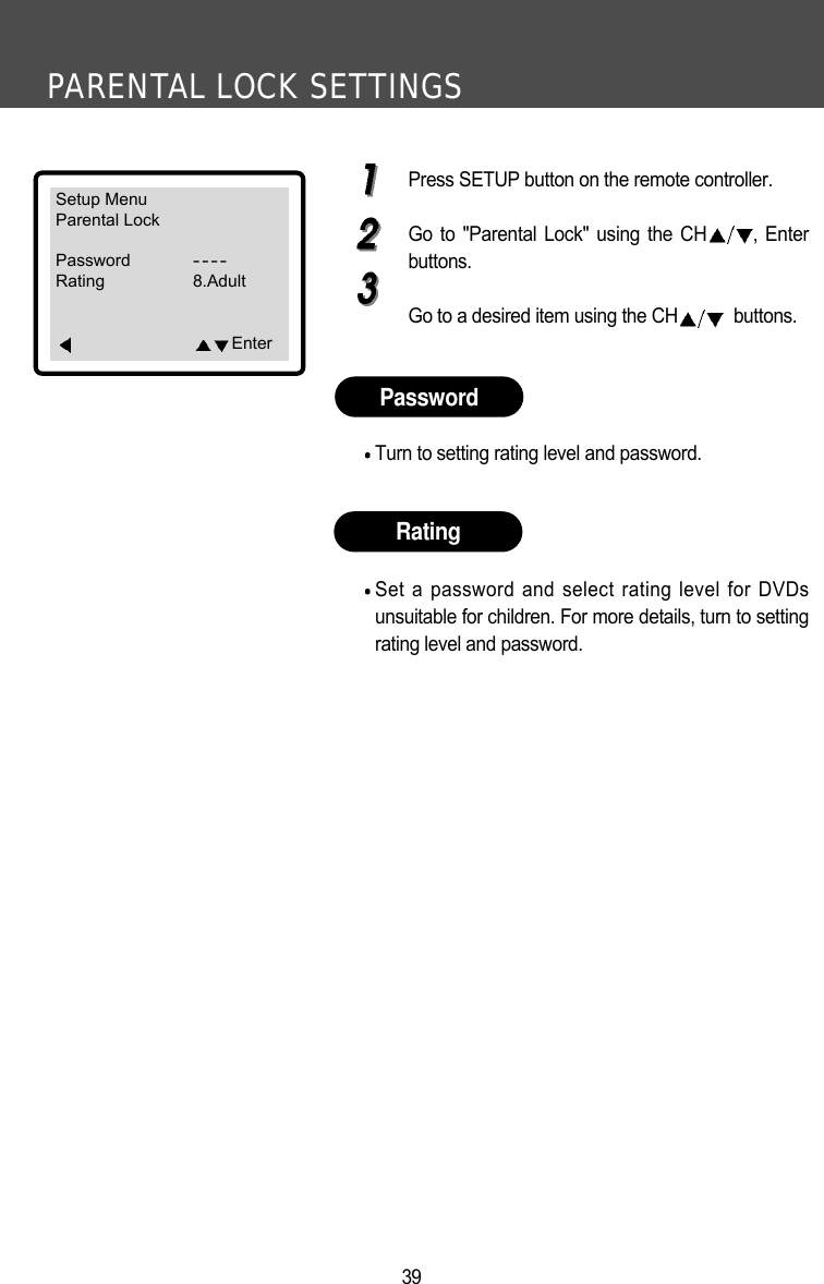 PARENTAL LOCK SETTINGS39Press SETUP button on the remote controller.Go to "Parental Lock" using the CH , Enterbuttons.Go to a desired item using the CH buttons.Turn to setting rating level and password.Set a password and select rating level for DVDsunsuitable for children. For more details, turn to settingrating level and password.PasswordRatingSetup MenuParental LockPassword----Rating 8.AdultEnter