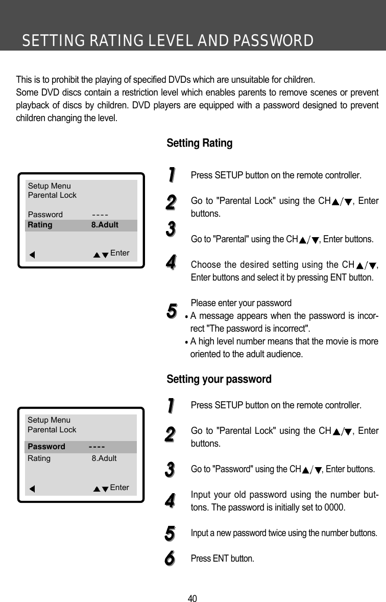 SETTING RATING LEVEL AND PASSWORD40This is to prohibit the playing of specified DVDs which are unsuitable for children.Some DVD discs contain a restriction level which enables parents to remove scenes or preventplayback of discs by children. DVD players are equipped with a password designed to preventchildren changing the level.Setting RatingPress SETUP button on the remote controller.Go to "Parental Lock" using the CH , Enterbuttons.Go to "Parental" using the CH , Enter buttons.Choose the desired setting using the CH ,Enter buttons and select it by pressing ENT button.Please enter your passwordA message appears when the password is incor-rect "The password is incorrect".A high level number means that the movie is moreoriented to the adult audience. Setting your passwordPress SETUP button on the remote controller.Go to "Parental Lock" using the CH , Enterbuttons.Go to "Password" using the CH , Enter buttons. Input your old password using the number but-tons. The password is initially set to 0000.Input a new password twice using the number buttons. Press ENT button.Setup MenuParental LockPassword----Rating 8.AdultEnterRating 8.AdultSetup MenuParental LockPassword----Rating 8.AdultEnterPassword----