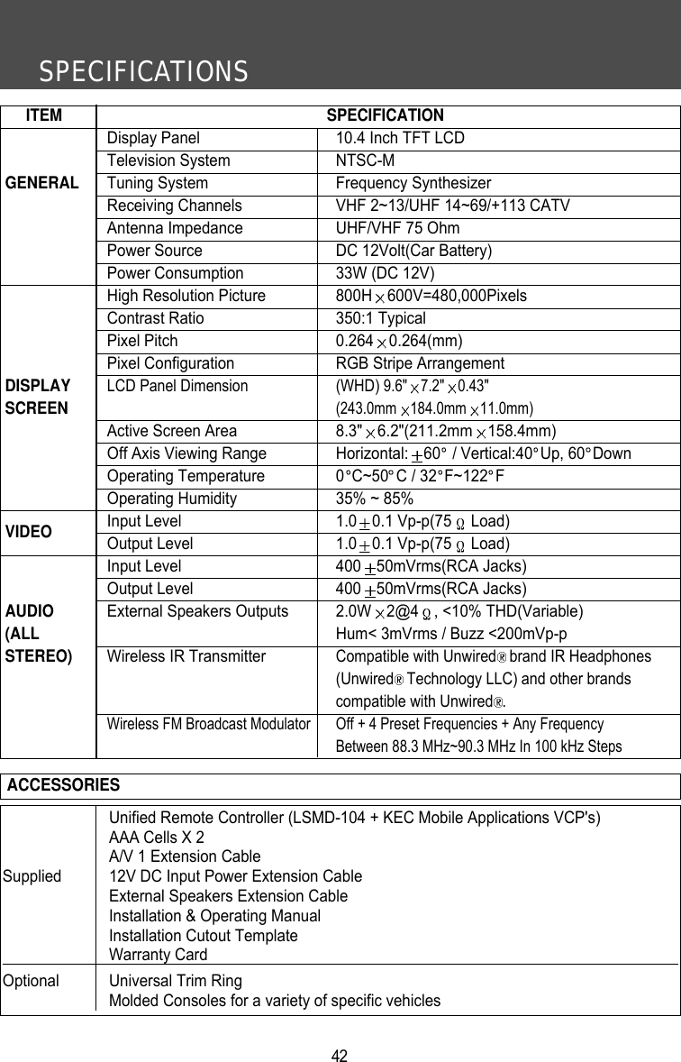 SPECIFICATIONS42Unified Remote Controller (LSMD-104 + KEC Mobile Applications VCP's)AAA Cells X 2A/V 1 Extension CableSupplied 12V DC Input Power Extension CableExternal Speakers Extension CableInstallation &amp; Operating ManualInstallation Cutout TemplateWarranty CardOptional Universal Trim RingMolded Consoles for a variety of specific vehiclesACCESSORIESITEM SPECIFICATIONDisplay Panel 10.4 Inch TFT LCDTelevision System NTSC-MGENERAL Tuning System Frequency SynthesizerReceiving Channels VHF 2~13/UHF 14~69/+113 CATVAntenna Impedance UHF/VHF 75 OhmPower Source DC 12Volt(Car Battery)Power Consumption 33W (DC 12V)High Resolution Picture 800H 600V=480,000PixelsContrast Ratio 350:1 TypicalPixel Pitch 0.264 0.264(mm)Pixel Configuration RGB Stripe ArrangementDISPLAYLCD Panel Dimension  (WHD) 9.6" 7.2" 0.43"SCREEN(243.0mm 184.0mm 11.0mm)Active Screen Area 8.3" 6.2"(211.2mm 158.4mm)Off Axis Viewing Range Horizontal: 60 / Vertical:40 Up, 60 DownOperating Temperature 0 C~50 C / 32 F~122 FOperating Humidity 35% ~ 85%VIDEO Input Level 1.0 0.1 Vp-p(75 Load)Output Level 1.0 0.1 Vp-p(75 Load)Input Level 400 50mVrms(RCA Jacks)Output Level 400 50mVrms(RCA Jacks)AUDIO External Speakers Outputs 2.0W 2@4 , <10% THD(Variable)(ALL Hum< 3mVrms / Buzz <200mVp-pSTEREO) Wireless IR TransmitterCompatible with Unwired brand IR Headphones (Unwired Technology LLC) and other brands compatible with Unwired .Wireless FM Broadcast Modulator Off + 4 Preset Frequencies + Any Frequency Between 88.3 MHz~90.3 MHz In 100 kHz Steps