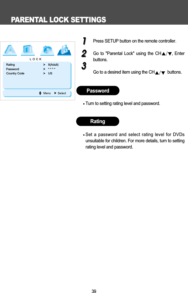 PARENTAL LOCK SETTINGS39Press SETUP button on the remote controller.Go to "Parental Lock" using the CH ,  Enterbuttons.Go to a desired item using the CH buttons.Turn to setting rating level and password.Set a password and select rating level for DVDsunsuitable for children. For more details, turn to settingrating level and password.PasswordRatingLOCKRating 8(Adult)Password * * * *Country Code US 