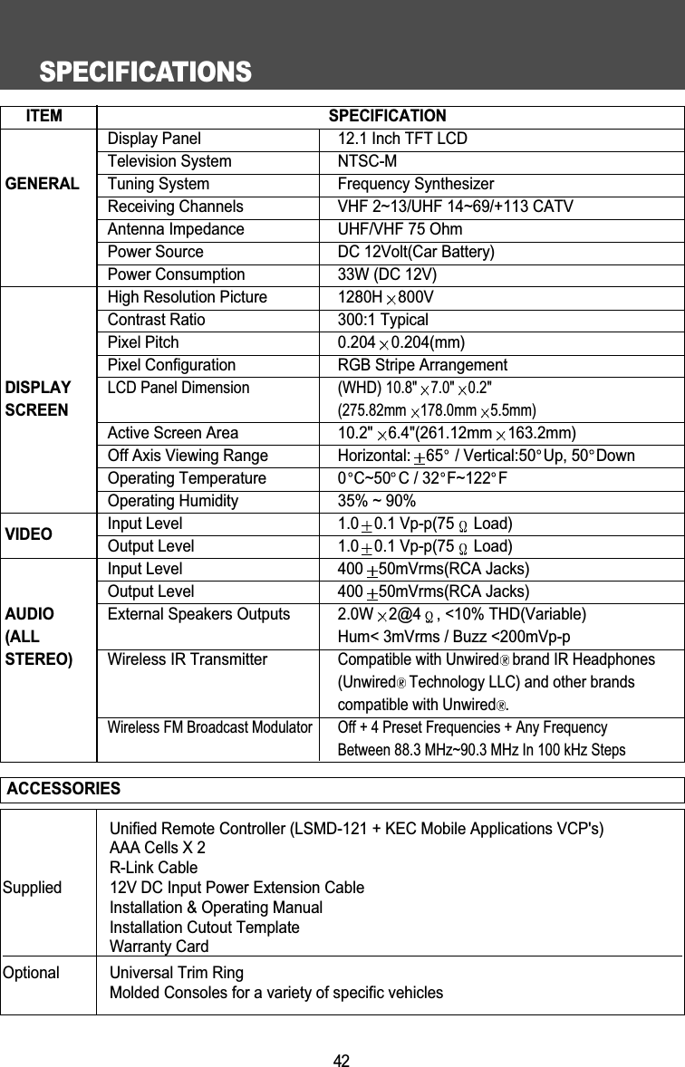 SPECIFICATIONS42Unified Remote Controller (LSMD-121 + KEC Mobile Applications VCP's)AAA Cells X 2R-Link CableSupplied 12V DC Input Power Extension CableInstallation &amp; Operating ManualInstallation Cutout TemplateWarranty CardOptional Universal Trim RingMolded Consoles for a variety of specific vehiclesACCESSORIESITEM SPECIFICATIONDisplay Panel 12.1 Inch TFT LCDTelevision System NTSC-MGENERAL Tuning System Frequency SynthesizerReceiving Channels VHF 2~13/UHF 14~69/+113 CATVAntenna Impedance UHF/VHF 75 OhmPower Source DC 12Volt(Car Battery)Power Consumption 33W (DC 12V)High Resolution Picture 1280H 800V Contrast Ratio 300:1 TypicalPixel Pitch 0.204 0.204(mm)Pixel Configuration RGB Stripe ArrangementDISPLAYLCD Panel Dimension  (WHD) 10.8" 7.0" 0.2"SCREEN(275.82mm 178.0mm 5.5mm)Active Screen Area 10.2" 6.4"(261.12mm 163.2mm)Off Axis Viewing Range Horizontal: 65 / Vertical:50 Up, 50 DownOperating Temperature 0 C~50 C / 32 F~122 FOperating Humidity 35% ~ 90%VIDEO Input Level 1.0 0.1 Vp-p(75 Load)Output Level 1.0 0.1 Vp-p(75 Load)Input Level 400 50mVrms(RCA Jacks)Output Level 400 50mVrms(RCA Jacks)AUDIO External Speakers Outputs 2.0W 2@4 , <10% THD(Variable)(ALL Hum< 3mVrms / Buzz <200mVp-pSTEREO) Wireless IR TransmitterCompatible with Unwired brand IR Headphones (Unwired Technology LLC) and other brands compatible with Unwired .Wireless FM Broadcast Modulator Off + 4 Preset Frequencies + Any Frequency Between 88.3 MHz~90.3 MHz In 100 kHz Steps