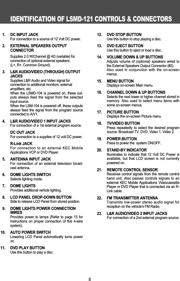 IDENTIFICATION OF LSMD-121 CONTROLS &amp; CONNECTORS81.  DC INPUT JACKFor connection to a source of 12 Volt DC power.2.  EXTERNAL SPEAKERS OUTPUT CONNECTORSupplies 2.0 W/Channel @ 4Ω (variable) for connection of optional external speakers. (L+, R+, Common Ground).3.  L&amp;R AUDIO/VIDEO (THROUGH) OUTPUTJACKSSupplies L&amp;R Audio and Video signal for connection to additional monitors, external amplifiers, etc.When  the LSMD-104  is  powered on,  these  out-puts always feed  the signal from the  selectedinput source.When the LSM-104 is powered off, these outputsalways feed the signal from the  program sourceconnected to A/V1.4.  L&amp;R AUDIO/VIDEO 1 INPUT JACKSFor connection of a 1st external program source.DC OUT JACKFor connection to a supplies of 12 volt DC power.R-Link JACKFor connection to an external KEC MobileApplications VCP or DVD Player.5.  ANTENNA INPUT JACKFor connection  of an  external television  broad-cast antenna.6.  DOME LIGHTS SWITCHSelects lighting mode.7.  DOME LIGHTSProvides additional vehicle lighting.8.  LCD PANEL DROP-DOWN BUTTONSide to release LCD Panel from stored position.9.  DOME LIGHTS POWER CONNECTIONWIRESProvides power to lamps (Refer  to page  15 forinstructions on  proper connection  of this 4-wiresystem).10.  AUTO POWER SWITCHLowering LCD  Panel automatically turns poweron.11.  DVD PLAY BUTTONUse this button to play a disc.12.  DVD STOP BUTTONUse this button to stop playing a disc.13.  DVD EJECT BUTTONUse this button to eject or load a disc. 14.  VOLUME DOWN &amp; UP BUTTONSAdjusts volume  of (optional) speakers  wired tothe External Speakers Output Connector (#2). Also used in conjunction with the on-screenmenus.15.  MENU BUTTONDisplays on-screen Main menu.16.  CHANNEL DOWN &amp; UP BUTTONSSelects the next lower or higher channel stored inmemory. Also used to select menu  items withsome on-screen menus.17.  PICTURE BUTTONDisplays the on-screen Picture menu18.  TV/VIDEO BUTTONPress repeatedly to select the  desired programsource: Broadcast TV, DVD, Video 1, Video 2.19.  POWER BUTTONPress to power the  system ON/OFF.20.  STAND-BY INDICATORIlluminates to indicate  that  12 Volt  DC  Power isavailable, but  that LCD screen  is not currentlypowered on.21.  REMOTE CONTROL SENSORReceives control signals from the remote controlhand unit. Also passes controls signals to anexternal KEC Mobile  Applications VideocassettePlayer or DVD Player that is connected via an R-Link cable.22.  FM TRANSMITTER ANTENNATransmits low-power stereo audio signal forreception on the vehicle's FM Radio. 23.  L&amp;R AUDIO/VIDEO 2 INPUT JACKSFor connection of a 2nd external program source.