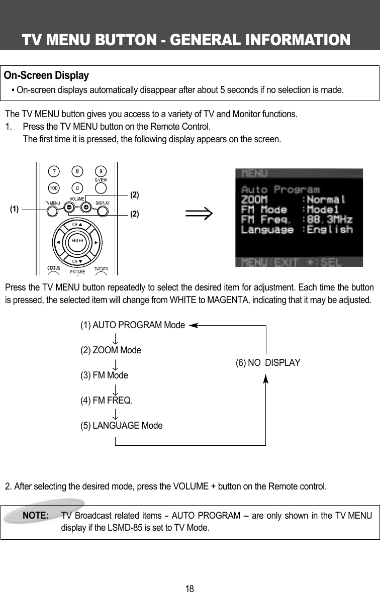 TV MENU BUTTON - GENERAL INFORMATION18The TV MENU button gives you access to a variety of TV and Monitor functions.1.  Press the TV MENU button on the Remote Control. The first time it is pressed, the following display appears on the screen.Press the TV MENU button repeatedly to select the desired item for adjustment. Each time the buttonis pressed, the selected item will change from WHITE to MAGENTA, indicating that it may be adjusted.(1) AUTO PROGRAM Mode(2) ZOOM Mode(6) NO  DISPLAY(3) FM Mode(4) FM FREQ.(5) LANGUAGE Mode2. After selecting the desired mode, press the VOLUME + button on the Remote control.  On-Screen DisplayOn-screen displays automatically disappear after about 5 seconds if no selection is made.NOTE:  TV Broadcast related items -AUTO PROGRAM -- are only shown in the TV MENUdisplay if the LSMD-85 is set to TV Mode.(2)(2)(1)