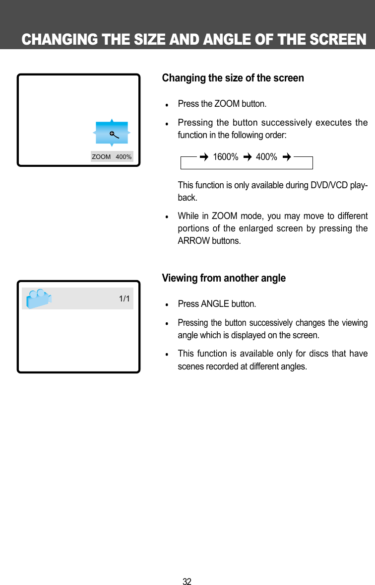 CHANGING THE SIZE AND ANGLE OF THE SCREEN32Changing the size of the screenPress the ZOOM button.Pressing the button successively executes thefunctionin the following order: This function is only available during DVD/VCD play-back.While in ZOOM mode, you may move to differentportions of the enlarged screen by pressing theARROW buttons. Viewing from another anglePress ANGLE button.Pressing the button successively changes the viewingangle which is displayed on the screen.This function is available only for discs that havescenes recorded at different angles. 1600% 400%1/1ZOOM   400%