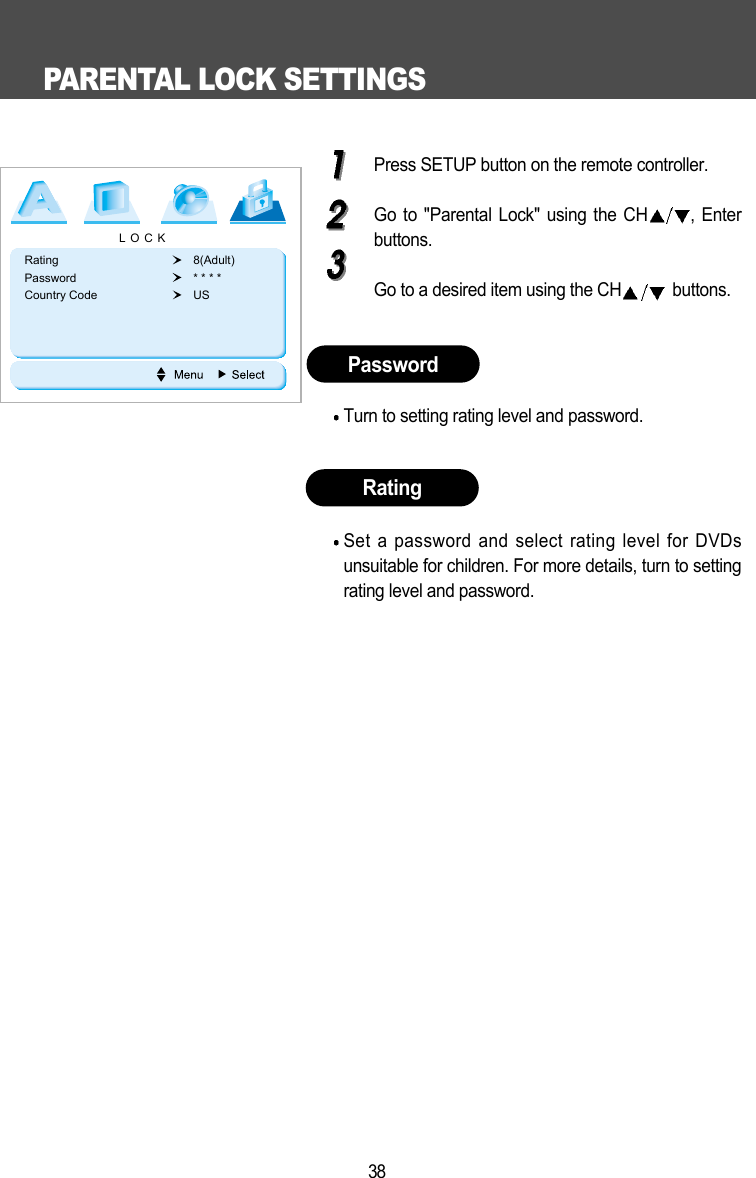 PARENTAL LOCK SETTINGS38Press SETUP button on the remote controller.Go to "Parental Lock" using the CH , Enterbuttons.Go to a desired item using the CH buttons.Turn to setting rating level and password.Set a password and select rating level for DVDsunsuitable for children. For more details, turn to settingrating level and password.PasswordRatingLOCKRating 8(Adult)Password * * * *Country Code US 