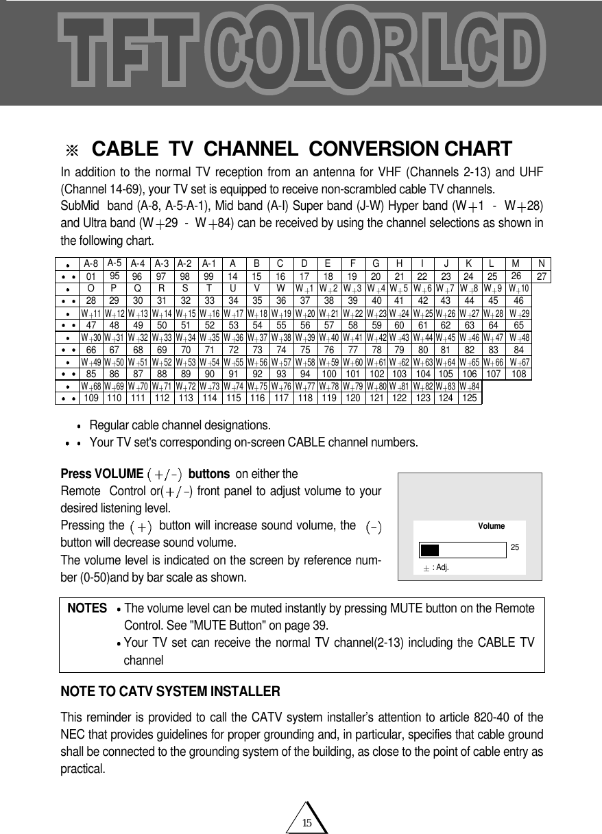 15CABLE  TV  CHANNEL  CONVERSION CHARTIn addition to the normal TV reception from an antenna for VHF (Channels 2-13) and UHF(Channel 14-69), your TV set is equipped to receive non-scrambled cable TV channels.SubMid  band (A-8, A-5-A-1), Mid band (A-I) Super band (J-W) Hyper band (W 1  -  W 28)and Ultra band (W 29  -  W 84) can be received by using the channel selections as shown inthe following chart.Regular cable channel designations.Your TV set's corresponding on-screen CABLE channel numbers.Press VOLUME  buttons on either the Remote  Control or( ) front panel to adjust volume to yourdesired listening level.Pressing the  button will increase sound volume, the  button will decrease sound volume.  The volume level is indicated on the screen by reference num-ber (0-50)and by bar scale as shown.NOTE TO CATV SYSTEM INSTALLERThis reminder is provided to call the CATV system installer&rsquo;s attention to article 820-40 of theNEC that provides guidelines for proper grounding and, in particular, specifies that cable groundshall be connected to the grounding system of the building, as close to the point of cable entry aspractical.NOTES  The volume level can be muted instantly by pressing MUTE button on the RemoteControl. See "MUTE Button" on page 39.Your TV set can receive the normal TV channel(2-13) including the CABLE TVchannelA-8 A-4012847 48 49 50 51 52 53 54 55 56 57 58 59 60 61 62 63 64 6566 67 68 69 70 71 72 73 74 75 76 77 78 79 80 81 82 83 8429 30 31 32 33 34 35 36 37 38 39 40 41 42 43 44 45 4696 97 98 99 14 15 16 17 18 19 20 21 22 23 24 25 26 27A-3 A-2 A-1 A B COP QR S T U VWW1W2W11 W 12 W 13 W 14 W 15 W 16 W 17 W 18 W 19 W 20 W 21 W 22 W 23 W 24 W 25 W 26 W 27 W 28 W 29W30 W 31 W 32 W 33 W 34 W 35 W 36 W 37 W 38 W 39 W 40 W 41 W 42 W 43 W 44 W 45 W 46 W 47 W 4885 86 87 88 89 90 91 92 93 94 100 101 102 103 104 105 106 107 108W49 W 50 W 51 W 52 W 53 W 54 W 55 W 56 W 57 W 58 W 59 W 60 W 61 W 62 W 63 W 64 W 65 W 66 W 67109 110 111 112 113 114 115 116 117 118 119 120 121 122 123 124 125W68 W 69 W 70 W 71 W 72 W 73 W 74 W 75 W 76 W 77 W 78 W 79 W 80 W 81 W 82 W 83 W 84W3W4W 5W6W 7W8W9W10DE FGHI JKLM NA-595Volume25: Adj.