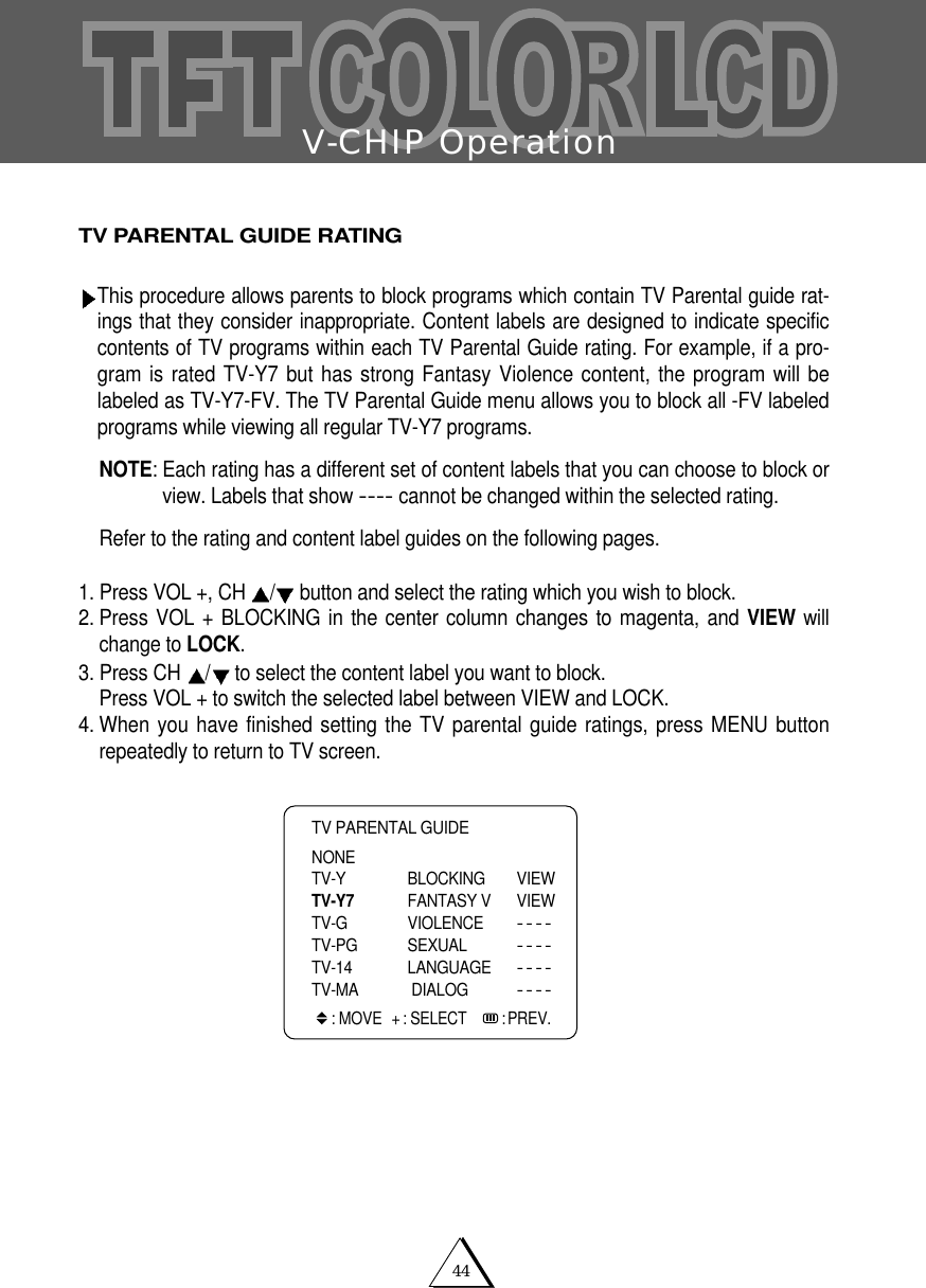 V-CHIP Operation44TV PARENTAL GUIDE RATING This procedure allows parents to block programs which contain TV Parental guide rat-ings that they consider inappropriate. Content labels are designed to indicate specificcontents of TV programs within each TV Parental Guide rating. For example, if a pro-gram is rated TV-Y7 but has strong Fantasy Violence content, the program will belabeled as TV-Y7-FV. The TV Parental Guide menu allows you to block all -FV labeledprograms while viewing all regular TV-Y7 programs.NOTE: Each rating has a different set of content labels that you can choose to block orview. Labels that show ----cannot be changed within the selected rating. Refer to the rating and content label guides on the following pages.1. Press VOL +, CH  /button and select the rating which you wish to block.2. Press VOL + BLOCKING in the center column changes to magenta, and VIEW willchange to LOCK.3. Press CH  /to select the content label you want to block. Press VOL + to switch the selected label between VIEW and LOCK.4. When you have finished setting the TV parental guide ratings, press MENU buttonrepeatedly to return to TV screen.TV PARENTAL GUIDENONETV-Y BLOCKING VIEWTV-Y7 FANTASY V  VIEWTV-G VIOLENCE----TV-PG SEXUAL----TV-14 LANGUAGE----TV-MA DIALOG----: MOVE + : SELECT    : PREV.