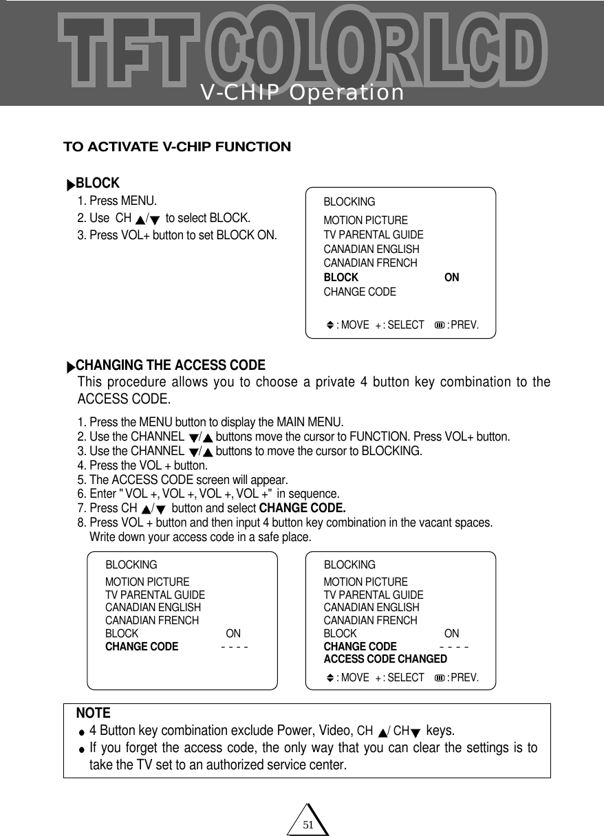 V-CHIP Operation51TO ACTIVATE V-CHIP FUNCTIONBLOCK1. Press MENU.2. Use CH  /to select BLOCK.3. Press VOL+ button to set BLOCK ON.CHANGING THE ACCESS CODEThis procedure allows you to choose a private 4 button key combination to theACCESS CODE. 1. Press the MENU button to display the MAIN MENU.2. Use the CHANNEL  /buttons move the cursor to FUNCTION. Press VOL+ button.3. Use the CHANNEL  /buttons to move the cursor to BLOCKING.4. Press the VOL + button.5. The ACCESS CODE screen will appear.6. Enter "VOL +,VOL +,VOL +,VOL +" in sequence.7. Press CH  /button and select CHANGE CODE.8. Press VOL + button and then input 4 button key combination in the vacant spaces. Write down your access code in a safe place.NOTE4 Button key combination exclude Power, Video, CH  / CH keys.If you forget the access code, the only way that you can clear the settings is totake the TV set to an authorized service center. BLOCKINGMOTION PICTURETV PARENTAL GUIDECANADIAN ENGLISHCANADIAN FRENCHBLOCK ONCHANGE CODE: MOVE + : SELECT    : PREV.BLOCKINGMOTION PICTURETV PARENTAL GUIDECANADIAN ENGLISHCANADIAN FRENCHBLOCK ONCHANGE CODE----BLOCKINGMOTION PICTURETV PARENTAL GUIDECANADIAN ENGLISHCANADIAN FRENCHBLOCK ONCHANGE CODE----ACCESS CODE CHANGED: MOVE + : SELECT    : PREV.
