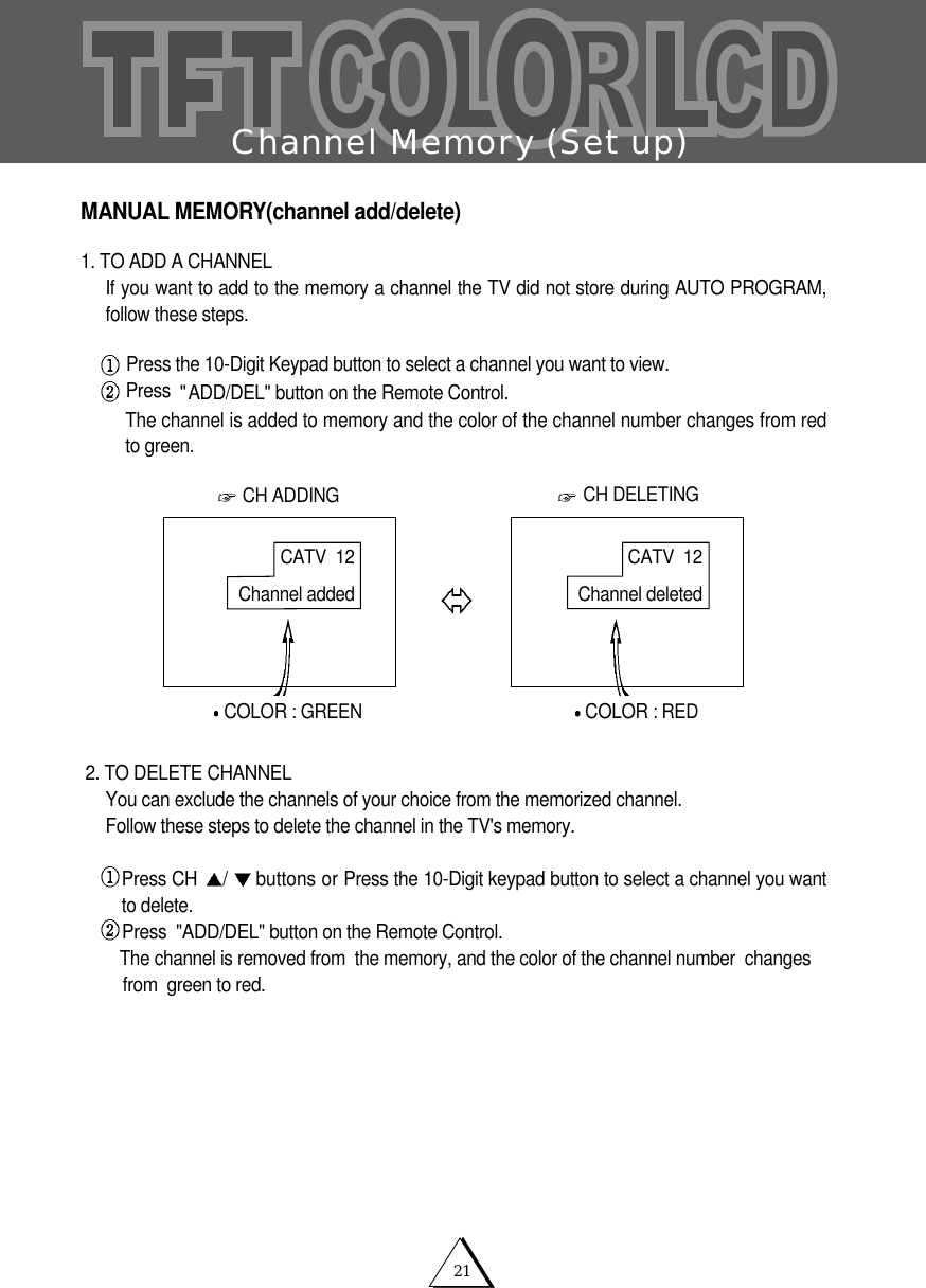 21Channel Memory (Set up)MANUAL MEMORY(channel add/delete)1. TO ADD A CHANNELIf you want to add to the memory a channel the TV did not store during AUTO PROGRAM,follow these steps.  Press the 10-Digit Keypad button to select a channel you want to view.Press  "ADD/DEL" button on the Remote Control.The channel is added to memory and the color of the channel number changes from redto green.2. TO DELETE CHANNELYou can exclude the channels of your choice from the memorized channel.Follow these steps to delete the channel in the TV's memory.Press CH  /buttons or Press the 10-Digit keypad button to select a channel you wantto delete.Press  "ADD/DEL" button on the Remote Control.The channel is removed from  the memory, and the color of the channel number  changes   from  green to red.CATV  12Channel deletedCATV  12Channel addedCH ADDING CH DELETINGCOLOR: GREENCOLOR: RED
