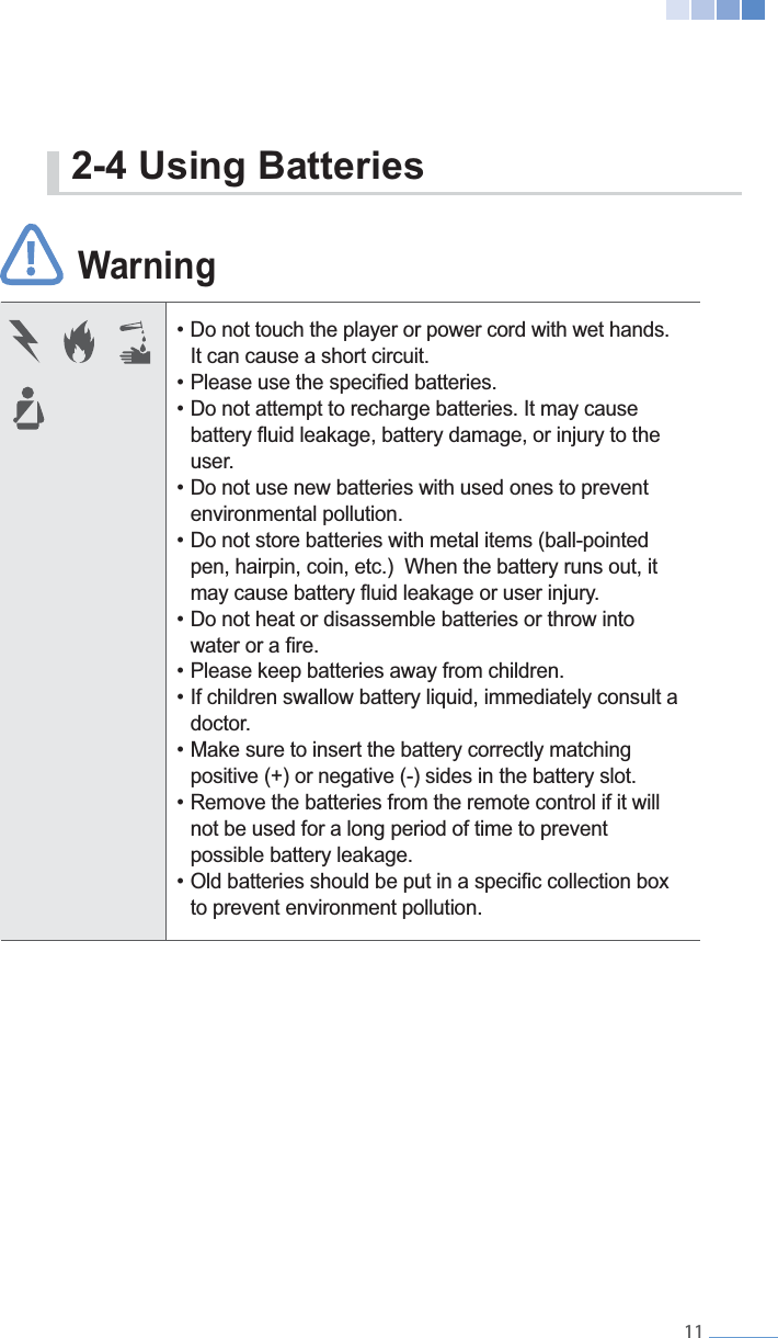    11  It can cause a short circuit.  user.  environmental pollution.  pen, hairpin, coin, etc.)  When the battery runs out, it    doctor.   not be used for a long period of time to prevent   possible battery leakage.  to prevent environment pollution. Warning2-4 Using Batteries