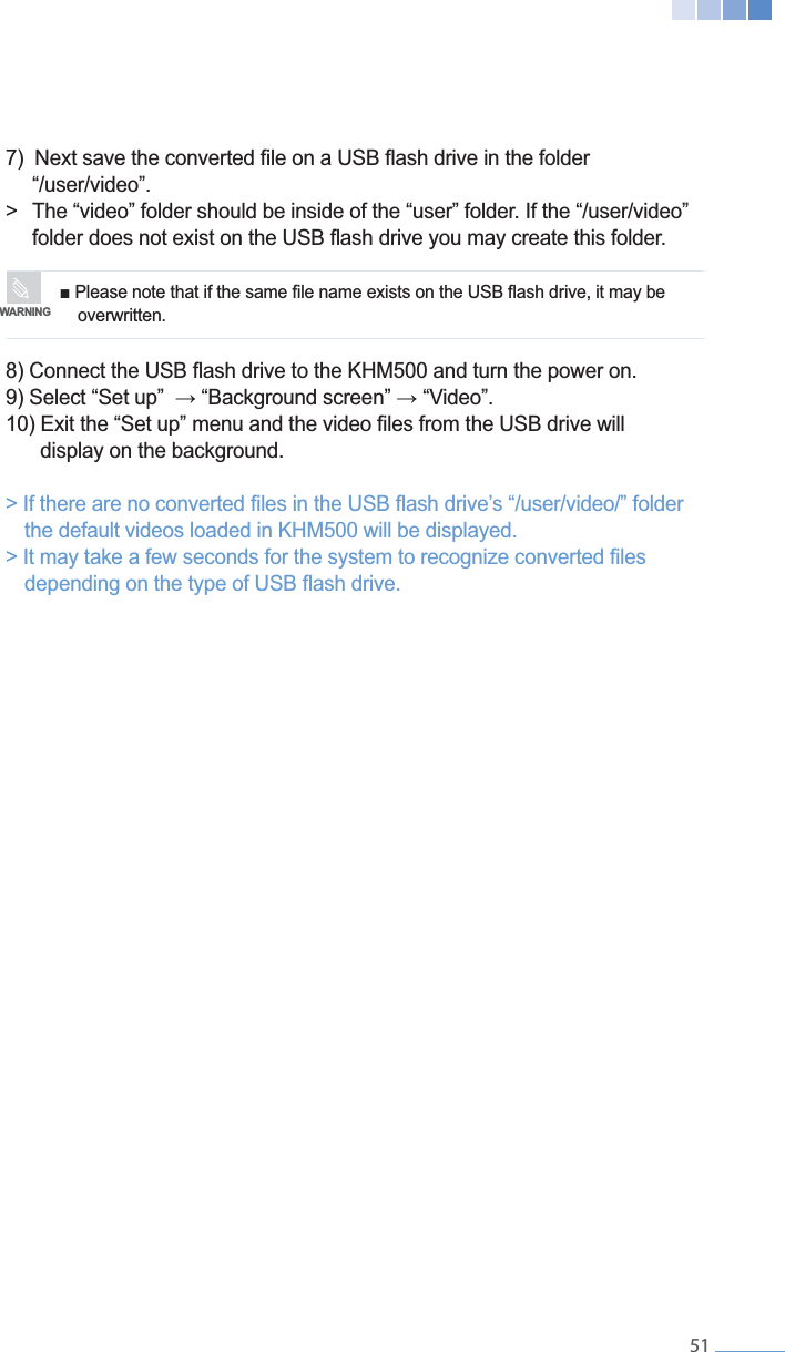    51                    display on the background.  the default videos loaded in KHM500 will be displayed.      overwritten.WARNING