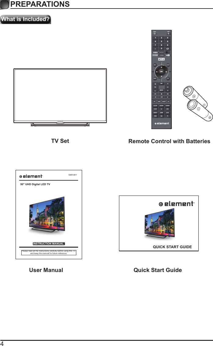 4What is Included?PREPARATIONS TV Set Remote Control with BatteriesOKMENU SO URCERETURN EXITVOLUSBREPEATCHCH.L ISINFO FREEZE ADD/ERASE FAVT P.MO DE S.MO DEV-CH IP CC  MTSASPE CTHDMI VGA TVSLEE P AUTO1 4 7 2 5 8 0 3 6 9 User Manual Quick Start GuideE4SFC5017INSTRUCTION MANUALPlease read all the instructions carefully before using this TV,and keep the manual for future reference.50&quot; UHD Digital LED TVQUICK START GUIDE