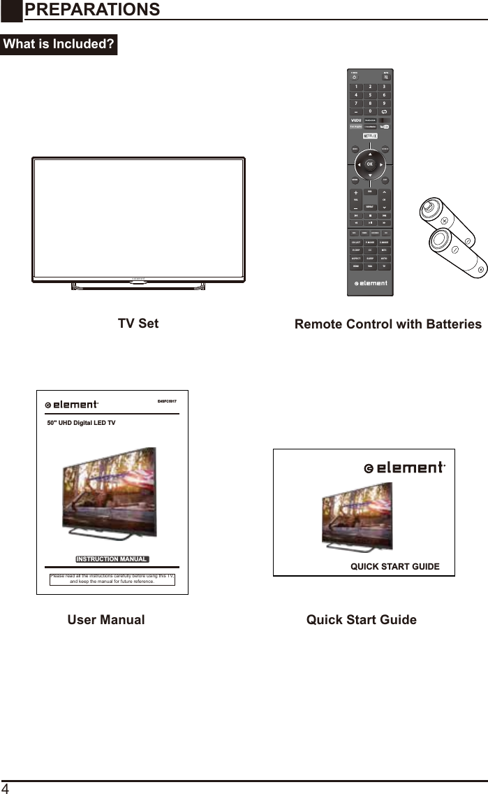 4What is Included?PREPARATIONS TV Set Remote Control with BatteriesOKME NU SO UR C ERETURN EX ITVOLUSBREPEATCHC H. L ISINFO FREEZE ADD/ERASE FAVT P. MO D E S . M O DEV- CH IP C C  MT SAS P E C THDMI VGA TVSL E E P AUT O1 4 7 2 5 8 0 3 6 9 User Manual Quick Start GuideE4SFC5017INSTRUCTION MANUALPlease read all the instructions carefully before using this TV,and keep the manual for future reference.50&quot; UHD Digital LED TVQUICK START GUIDE