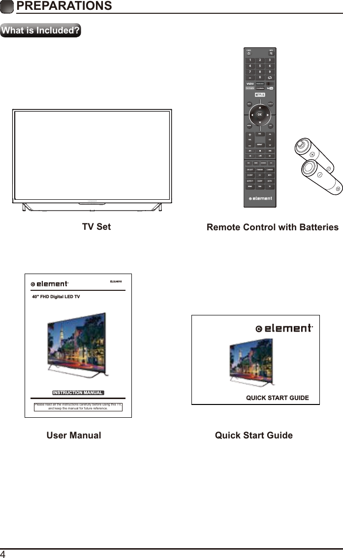 4What is Included?TV Set Remote Control with BatteriesOKME NU SO UR C ERETURN EX ITVOLUSBREPEATCHC H. L ISINFO FREEZE ADD/ERASE FAVT P. MO D E S . M O DEV- CH IP C C  MT SAS P E C THDMI VGA TVSL E EP AUT O1 4 7 2 5 8 0 3 6 9 User Manual Quick Start GuideELSJ4016INSTRUCTION MANUALPlease read all the instructions carefully before using this TV,and keep the manual for future reference.40&quot; FHD Digital LED TVQUICK START GUIDEWhat is Included?PREPARATIONS 