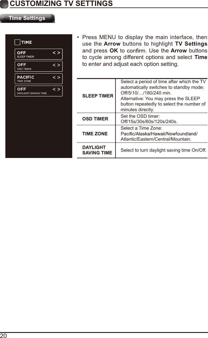 20CUSTOMIZING TV SETTINGSTime Settings•  Press MENU to display the main interface, then use the Arrow buttons to highlight TV Settings and press OK to  Use the Arrow buttons to cycle among different options and select Time to enter and adjust each option setting.SLEEP TIMERSelect a period of time after which the TV automatically switches to standby mode:Off/5/10/…/180/240 min. Alternative: You may press the SLEEP button repeatedly to select the number of minutes directly.OSD TIMER Set the OSD timer: Off/15s/30s/60s/120s/240s.TIME ZONESelect a Time Zone: Atlantic/Eastern/Central/Mountain.DAYLIGHT SAVING TIME Select to turn daylight saving time On/Off.