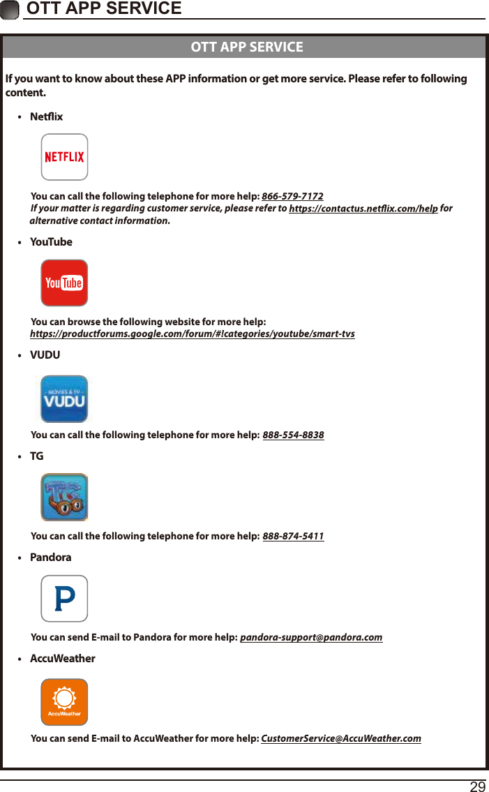 29OTT APP SERVICE If you want to know about these APP information or get more service. Please refer to following content.•           You can call the following telephone for more help: 866-579-7172         If your matter is regarding customer service, please refer to   for               alternative contact information.•  YouTube          You can browse the following website for more help:         https://productforums.google.com/forum/#!categories/youtube/smart-tvs• VUDU          You can call the following telephone for more help: 888-554-8838•  TG          You can call the following telephone for more help: 888-874-5411•  Pandora          You can send E-mail to Pandora for more help: pandora-support@pandora.com•  AccuWeather          You can send E-mail to AccuWeather for more help: CustomerService@AccuWeather.com  OTT APP SERVICE