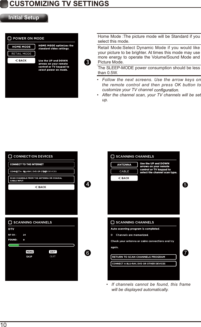 10CUSTOMIZING TV SETTINGSInitial SetupHome Mode :The picture mode will be Standard if you select this mode.Retail Mode:Select  Dynamic  Mode  if you would like your picture to be brighter. At times this mode may use more energy to operate the Volume/Sound Mode and Picture Mode.The SLEEP-MODE power consumption should be less than 0.5W.•  Follow the next screens. Use the arrow keys on the remote control and then press OK button to customize your TV channel •  After the channel scan, your TV channels will be set up.Use the UP and DOWN arrows on your remote control or TV keypad to select the channel scan type.RETURN TO SCAN CHANNELS PROGRAMCONNECT A BLU-RAY, DVD OR OTHER DEVICESQUITFOUNDCONNECT TO THE INTERNETDEVICES•  If channels cannot be found, this frame will be displayed automatically.57