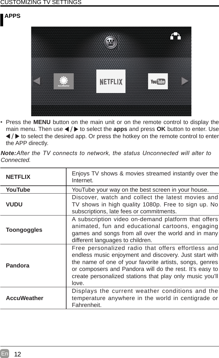 12En   APPSCUSTOMIZING TV SETTINGSNETFLIX Enjoys TV shows &amp; movies streamed instantly over the Internet.YouTube YouTube your way on the best screen in your house.VUDU Discover, watch and collect the latest movies and TV shows in high quality 1080p. Free to sign up. No subscriptions, late fees or commitments. ToongogglesA subscription video on-demand platform that offers animated, fun and educational cartoons, engaging games and songs from all over the world and in many different languages to children.PandoraFree personalized radio that offers effortless and endless music enjoyment and discovery. Just start with the name of one of your favorite artists, songs, genres or composers and Pandora will do the rest. It’s easy to create personalized stations that play only music you’ll love.AccuWeather Displays the current weather conditions and the temperature anywhere in the world in centigrade or Fahrenheit.• Press the MENU button on the main unit or on the remote control to display the main menu. Then use   to select the apps and press OK button to enter. Use  to select the desired app. Or press the hotkey on the remote control to enter the APP directly.Note:After the TV connects to network, the status Unconnected will alter to Connected.