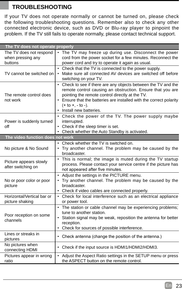 23En  If your TV does not operate normally or cannot be turned on, please check the following troubleshooting questions. Remember also to check any other connected electronic device, such as DVD or Blu-ray player to pinpoint the problem. If the TV still fails to operate normally, please contact technical support.The TV does not operate properlyThe TV does not respond when pressing any buttons• The TV may freeze up during use. Disconnect the power cord from the power socket for a few minutes. Reconnect the power cord and try to operate it again as usual.TV cannot be switched on• Check that the TV is connected to the power supply.• Make sure all connected AV devices are switched off before switching on your TV.The remote control does not work• Check to see if there are any objects between the TV and the remote control causing an obstruction. Ensure that you are pointing the remote control directly at the TV.• Ensure that the batteries are installed with the correct polarity (+to+,-to-).• Install new batteries. Power is suddenly turned off• Check the power of the TV. The power supply maybe interrupted.• Check if the sleep timer is set.• Check whether the Auto Standby is activated. The video function does not workNo picture &amp; No Sound• Check whether the TV is switched on.• Try another channel. The problem may be caused by the broadcaster.Picture appears slowly after switching on• This is normal; the image is muted during the TV startup process. Please contact your service centre if the picture has notappearedafterveminutes.No or poor color or poor picture• Adjust the settings in the PICTURE menu.• Try another channel. The problem may be caused by the broadcaster.• Check if video cables are connected properly.Horizontal/Vertical bar or picture shaking• Check for local interference such as an electrical appliance or power tool.Poor reception on some channels• The station or cable channel may be experiencing problems; tune to another station.• Station signal may be weak, reposition the antenna for better reception.• Check for sources of possible interference.Lines or streaks in pictures • Checkantenna(changethepositionoftheantenna.)No pictures when connecting HDMI • Check if the input source is HDMI1/HDMI2/HDMI3.Pictures appear in wrong ratio• Adjust the Aspect Ratio settings in the SETUP menu or press the ASPECT button on the remote control.TROUBLESHOOTING