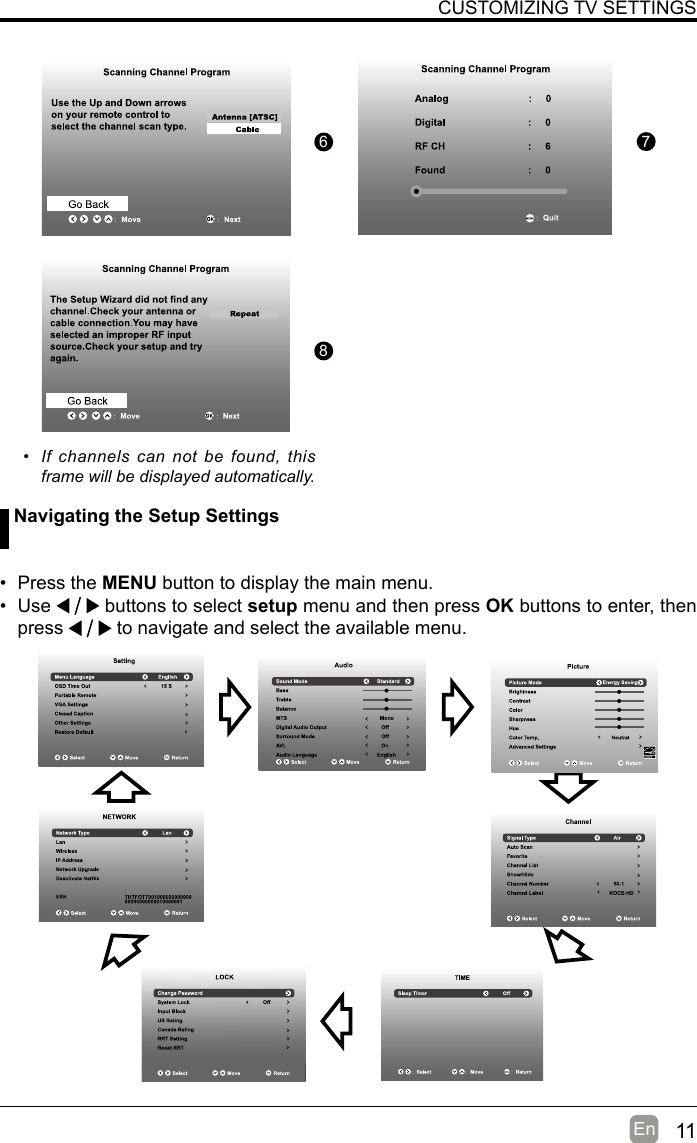 11En  CUSTOMIZING TV SETTINGS•  If channels can  not be  found, this frame will be displayed automatically.  Navigating the Setup Settings• Press the MENU button to display the main menu. • Use   buttons to select setup menu and then press OK buttons to enter, then press   to navigate and select the available menu.876