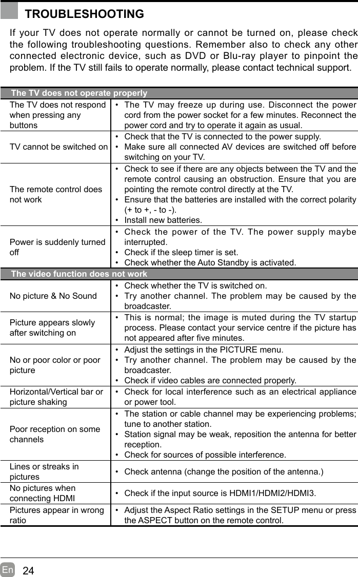 24En  If your TV does not operate normally or cannot be turned on, please check the following troubleshooting questions. Remember also to check any other connected electronic device, such as DVD or Blu-ray player to pinpoint the problem. If the TV still fails to operate normally, please contact technical support.The TV does not operate properlyThe TV does not respond when pressing any buttons• The TV may freeze up during use. Disconnect the power cord from the power socket for a few minutes. Reconnect the power cord and try to operate it again as usual.TV cannot be switched on• Check that the TV is connected to the power supply.• Make sure all connected AV devices are switched off before switching on your TV.The remote control does not work• Check to see if there are any objects between the TV and the remote control causing an obstruction. Ensure that you are pointing the remote control directly at the TV.• Ensure that the batteries are installed with the correct polarity (+to+,-to-).• Install new batteries. Power is suddenly turned off• Check the power of the TV. The power supply maybe interrupted.• Check if the sleep timer is set.• Check whether the Auto Standby is activated. The video function does not workNo picture &amp; No Sound• Check whether the TV is switched on.• Try another channel. The problem may be caused by the broadcaster.Picture appears slowly after switching on• This is normal; the image is muted during the TV startup process. Please contact your service centre if the picture has notappearedafterveminutes.No or poor color or poor picture• Adjust the settings in the PICTURE menu.• Try another channel. The problem may be caused by the broadcaster.• Check if video cables are connected properly.Horizontal/Vertical bar or picture shaking• Check for local interference such as an electrical appliance or power tool.Poor reception on some channels• The station or cable channel may be experiencing problems; tune to another station.• Station signal may be weak, reposition the antenna for better reception.• Check for sources of possible interference.Lines or streaks in pictures • Checkantenna(changethepositionoftheantenna.)No pictures when connecting HDMI • Check if the input source is HDMI1/HDMI2/HDMI3.Pictures appear in wrong ratio• Adjust the Aspect Ratio settings in the SETUP menu or press the ASPECT button on the remote control.TROUBLESHOOTINGTROUBLESHOOTING