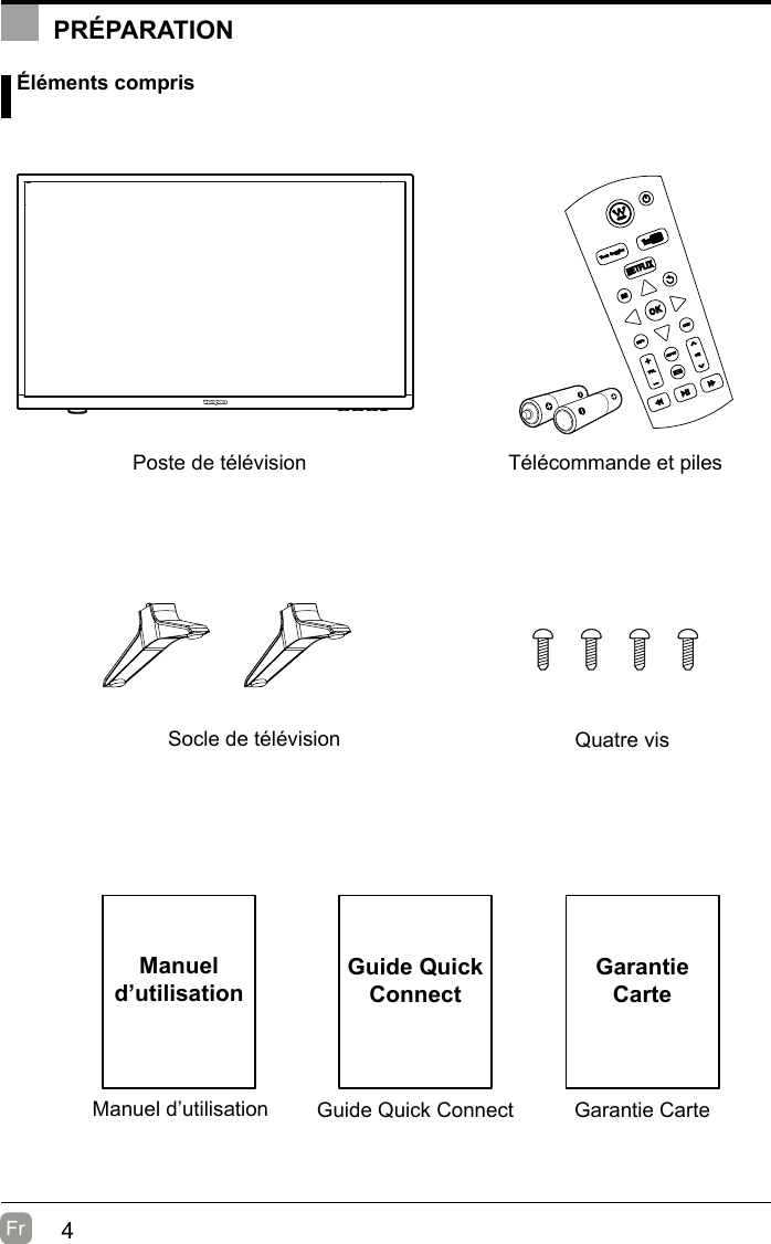 4Fr  Manuel d’utilisationManuel d’utilisation Éléments comprisTélécommande et pilesSocle de télévisionPoste de télévisionQuatre visGuide Quick ConnectGuide Quick ConnectPRÉPARATIONGarantie CarteGarantie Carte