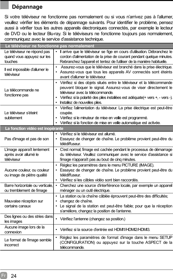 24Fr  DépannageSi votre téléviseur ne fonctionne pas normalement ou si vous n’arrivez pas à l’allumer, veuillez vérier les éléments de dépannage suivants. Pour identier le problème, pensez aussi à vérier tous les autres appareils électroniques connectés, par exemple le lecteur de DVD ou le lecteur Blu-ray. Si le téléviseurs ne fonctionne toujours pas normalement, communiquez avec le service d’assistance technique.Le téléviseur ne fonctionne pas normalementLe téléviseur ne répond pas quand vous appuyez sur les touches•  Il arrive que le téléviseur se ge en cours d’utilisation. Débranchez le cordon d’alimentation de la prise de courant pendant quelque minutes. Rebranchez l’appareil et tentez de l’utiliser de la manière habituelle.Il est impossible d’allumer le téléviseur•   Assurez-vous que le téléviseur est branché dans la prise électrique.•  Assurez-vous que tous les appareils AV connectés sont éteints avant d’allumer le téléviseur.La télécommande ne fonctionne pas•  Vérifiez si des objets situés entre le téléviseur et la télécommande peuvent bloquer le signal. Assurez-vous de viser directement le téléviseur avec la télécommande.•  Vériez si la polarité des piles installées est adéquate(+ vers +, - vers -).•  Installez de nouvelles piles.Le téléviseur s’éteint subitement•  Vérifiez l’alimentation du téléviseur. La prise électrique est peut-être coupée.•  Vériez si le minuteur de mise en veille est programmé.•  Vériez si la fonction de mise en veille automatique est activée. La fonction vidéo est inopérantePas d’image et pas de son•  Vériez si le téléviseur est allumé.•  Essayez de changer de chaîne. Le problème provient peut-être du télédiffuseur.L’image apparaît lentement après avoir allumé le téléviseur•  C’est normal; l’image est cachée pendant le processus de démarrage du téléviseur. Veuillez communiquer avec le service d’assistance si l’image n’apparaît pas au bout de cinq minutes.Aucune couleur, ou couleur ou image de piètre qualité•  Réglez les paramètres dans le menu PICTURE (IMAGE).•  Essayez de changer de chaîne. Le problème provient peut-être du télédiffuseur.•  Vériez si les câbles vidéo sont bien raccordés.Barre horizontale ou verticale, ou tremblement de l’image•  Cherchez une source d’interférence locale, par exemple un appareil ménager ou un outil électrique.Mauvaise réception sur certains canaux•  La station ou la chaîne câblée éprouvent peut-être des difcultés;•  changez de chaîne.•  Le signal de la station est peut-être faible; pour que la réception s’améliore, changez la position de l’antenne.Des lignes ou des stries dans les images •  Vériez l’antenne (changez sa position.)Aucune image lors de la connexion •  Vériez si la source d’entrée est HDMI1/HDMI2/HDMI3.Le format de l’image semble incorrect•  Réglez les paramètres de format d’image dans le menu SETUP (CONFIGURATION)  ou  appuyez sur la  touche ASPECT de la télécommande.