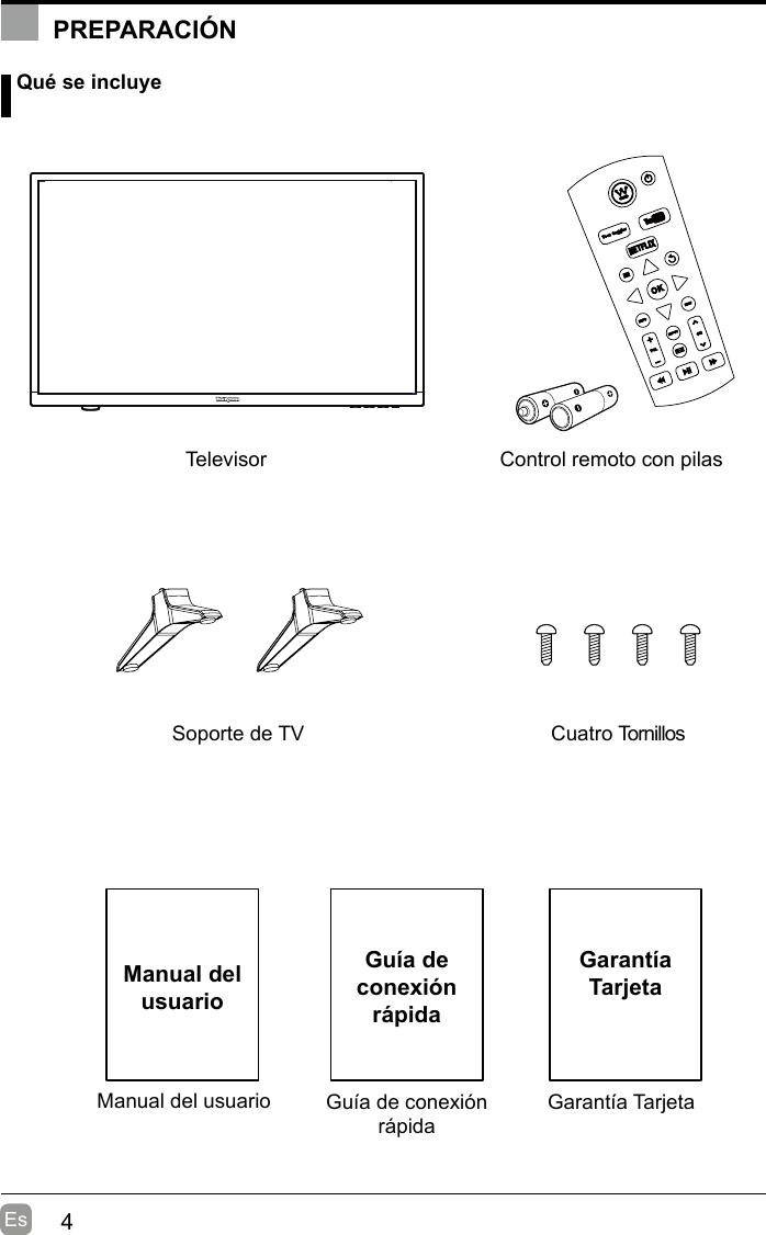 4EsManual del usuarioManual del usuario Qué se incluyeControl remoto con pilasSoporte de TVTelevisorCuatro TornillosGuía de conexión rápidaGuía de conexión rápidaPREPARACIÓNGarantía TarjetaGarantíaTarjeta