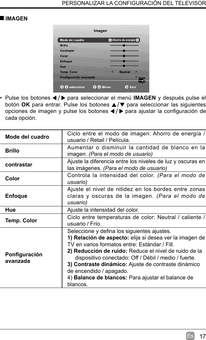 17Es•  Pulse los botones   para seleccionar el menú IMAGEN y después pulse el botón OK para entrar. Pulse los botones   para seleccionar las siguientes opciones de imagen y pulse los botones   para ajustar la conguración de cada opción. IMAGENMode del cuadro Ciclo entre  el modo de  imagen: Ahorro de energía / usuario / Retail / Película.Brillo Aumentar  o  disminuir  la  cantidad de blanco en la imagen. (Para el modo de usuario)contrastar Ajuste la diferencia entre los niveles de luz y oscuras en las imágenes. (Para el modo de usuario)Color Controla la intensidad del color. (Para  el  modo  de usuario)EnfoqueAjuste el nivel de nitidez en los bordes  entre zonas claras  y  oscuras  de  la  imagen.  (Para  el  modo  de usuario)Hue Ajuste la intensidad del color.Temp. Color  Ciclo entre temperaturas de color: Neutral / caliente / usuario / Frío.Ponguración avanzadaSeleccione y dena los siguientes ajustes.1) Relación de aspecto: elija si desea ver la imagen de TV en varios formatos entre: Estándar / Fill.2) Reducción de ruido: Reduce el nivel de ruido de la     dispositivo conectado: Off / Débil / medio / fuerte.3) Contraste dinámico: Ajuste de contraste dinámico de encendido / apagado.4) Balance de blancos: Para ajustar el balance de blancos.PERSONALIZAR LA CONFIGURACIÓN DEL TELEVISOR 